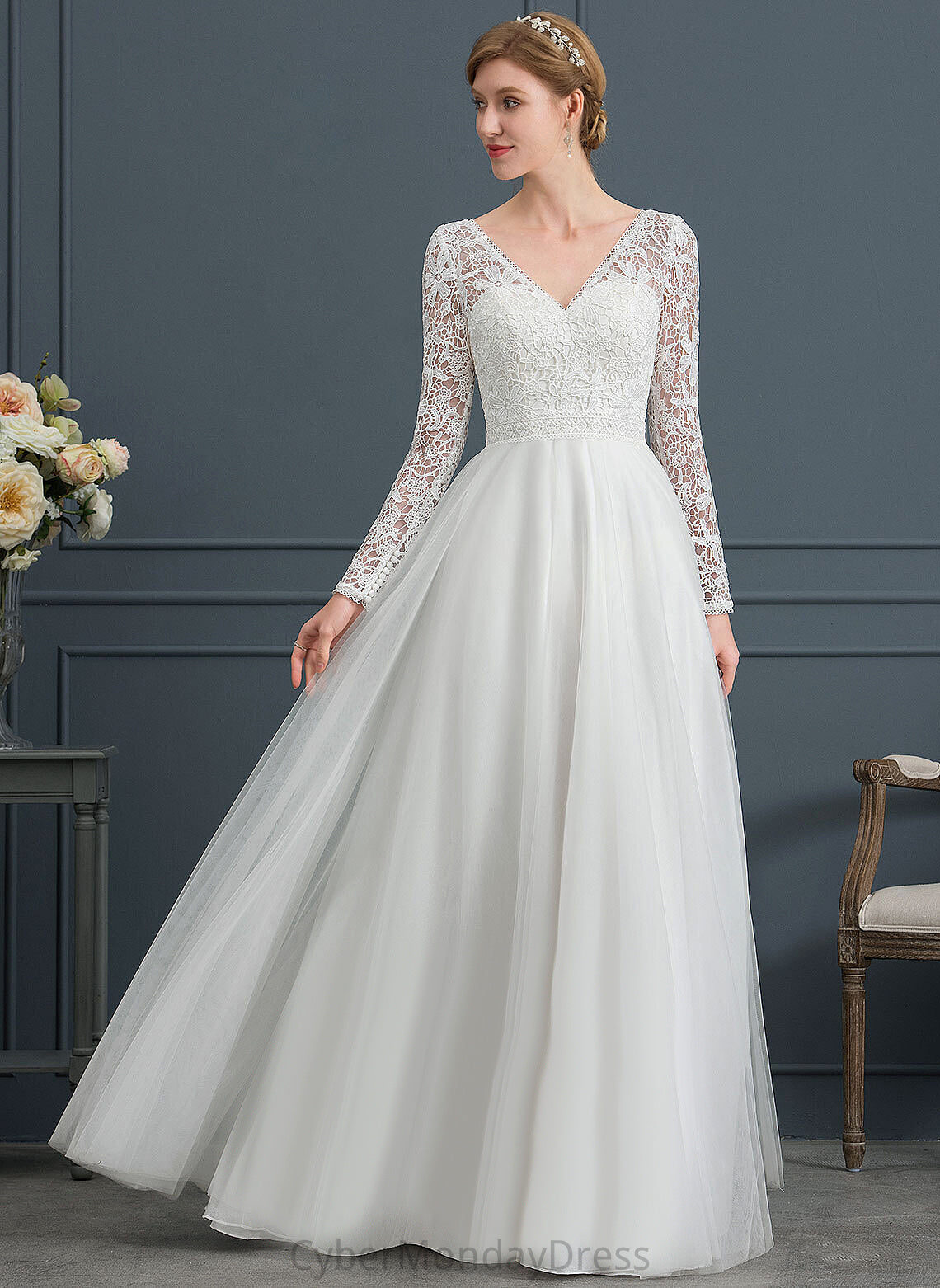 V-neck Tulle Wedding Lace Haylee Floor-Length A-Line Dress Wedding Dresses