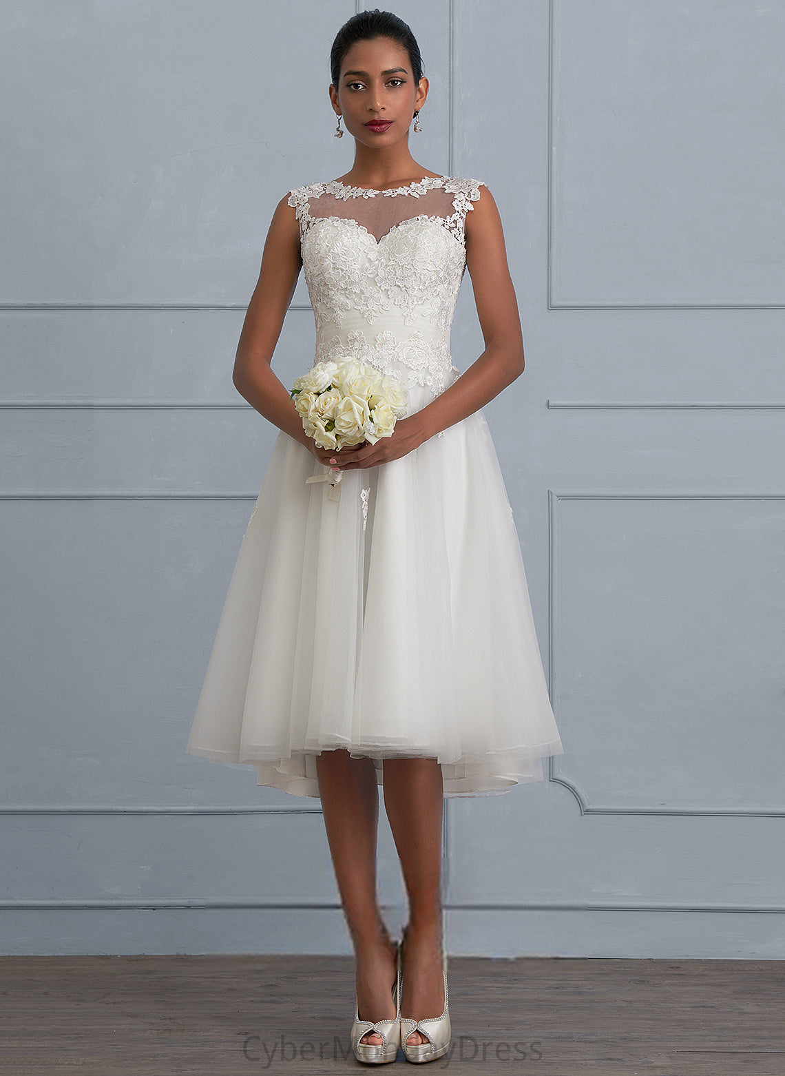 Illusion Ruffle With Wedding A-Line Dress Lace Asymmetrical Wedding Dresses Chana Tulle