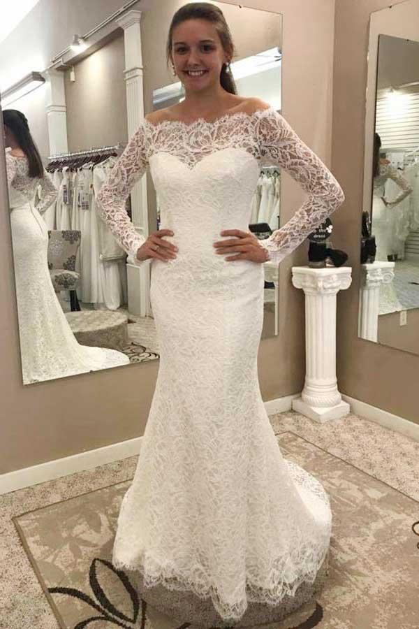 Chic Off the Shoulder Long Sleeves Lace Appliques Sweep Train Wedding Dresses