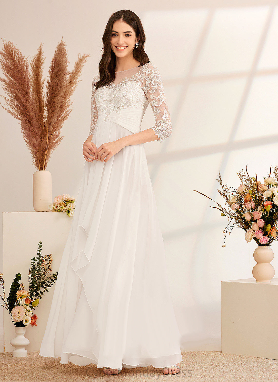 Wedding Wedding Dresses Ruffle Illusion A-Line Dress Chiffon Norah With Lace Floor-Length Beading