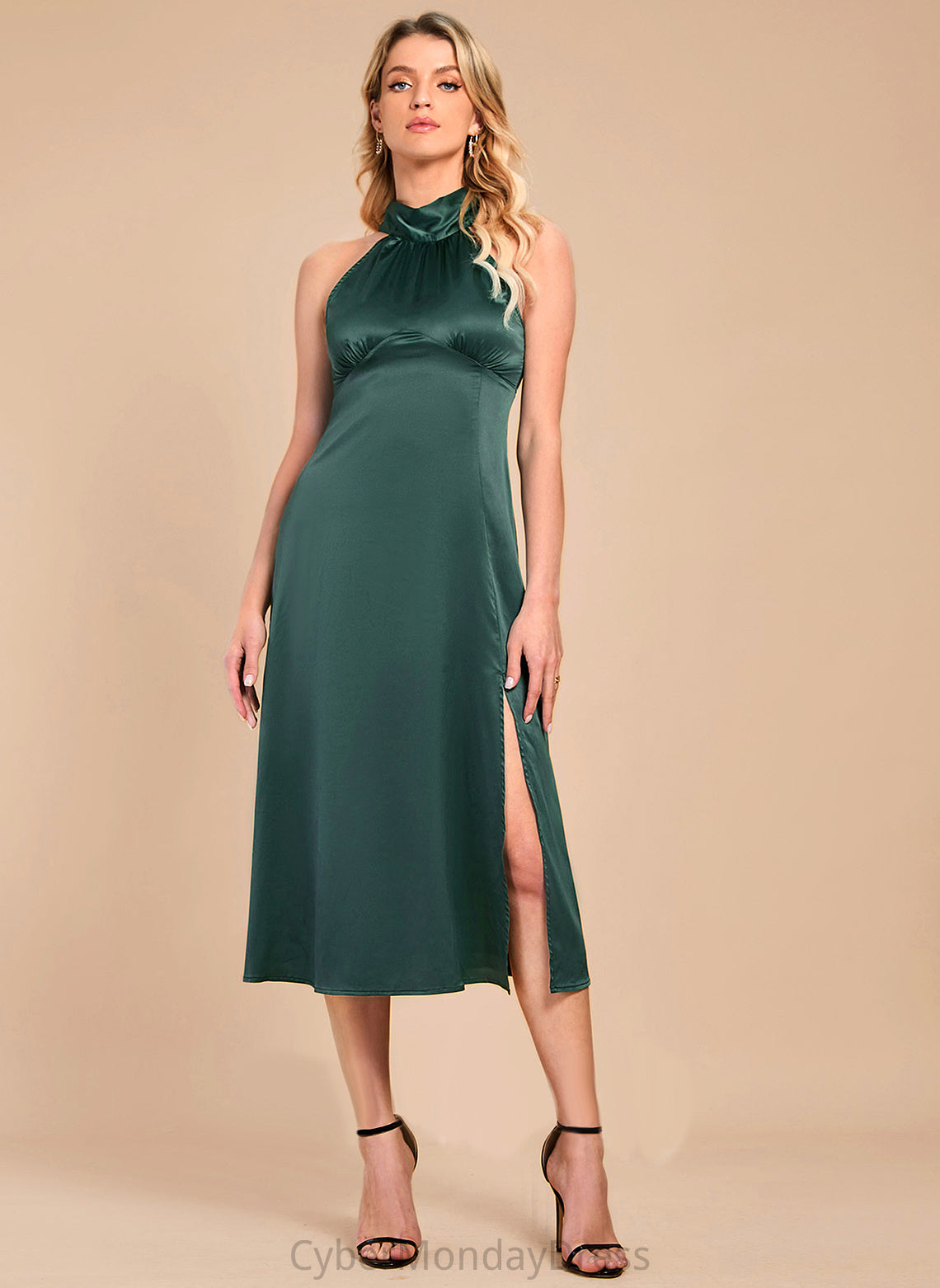 Club Dresses Yoselin Elegant Neck A-line High Sleeveless Midi Dresses Satin