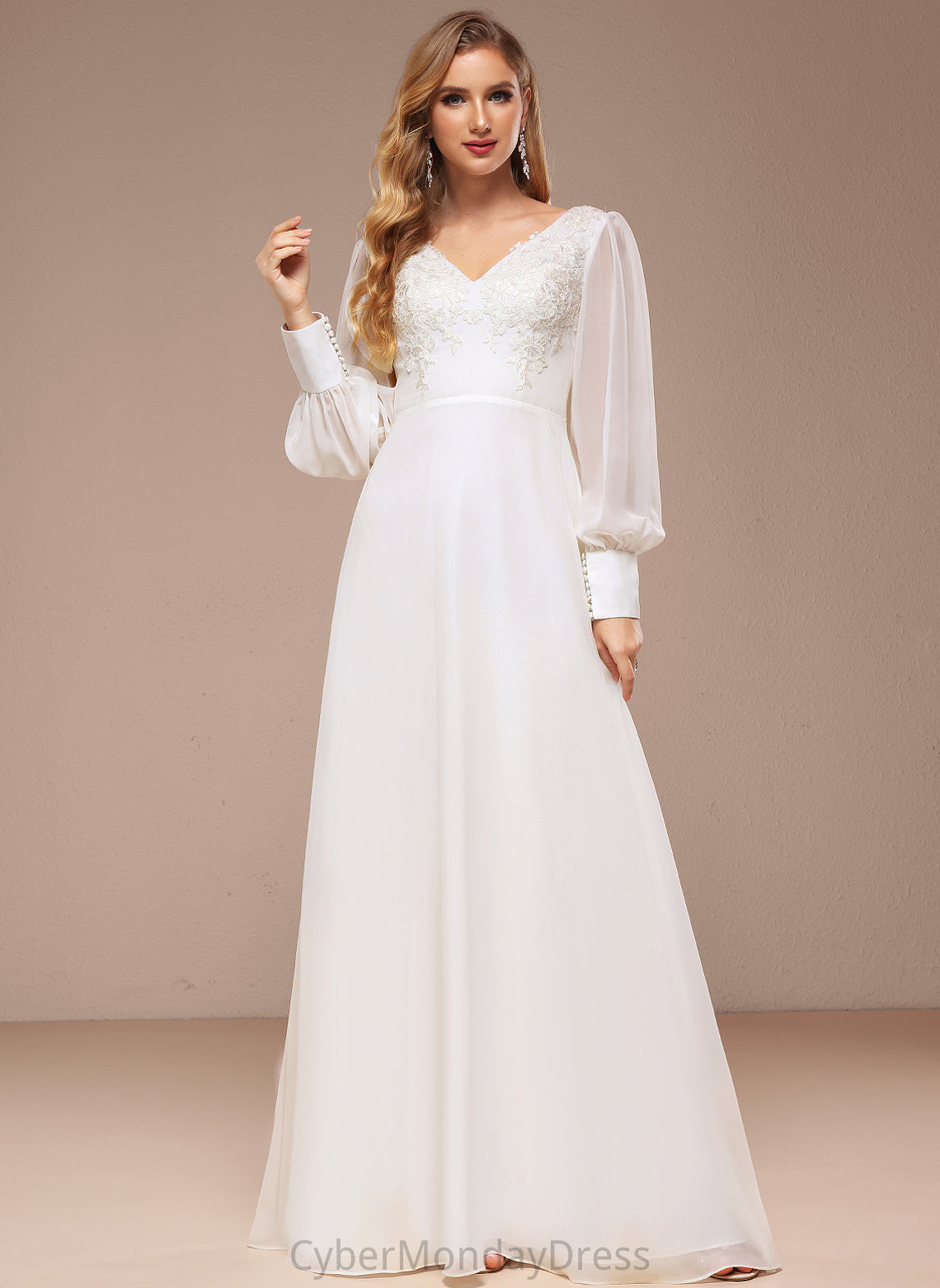 Floor-Length Wedding Dresses Lace Dress Chiffon Wedding A-Line V-neck Makenzie Sequins With