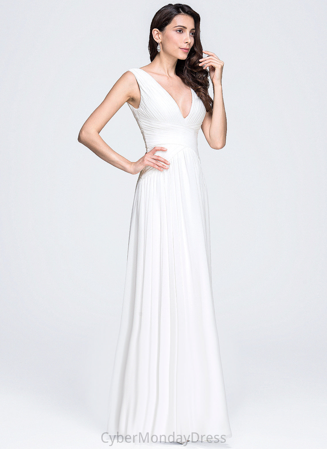 V-neck Eliza A-Line Wedding Dresses Pleated Wedding Floor-Length Chiffon Dress With