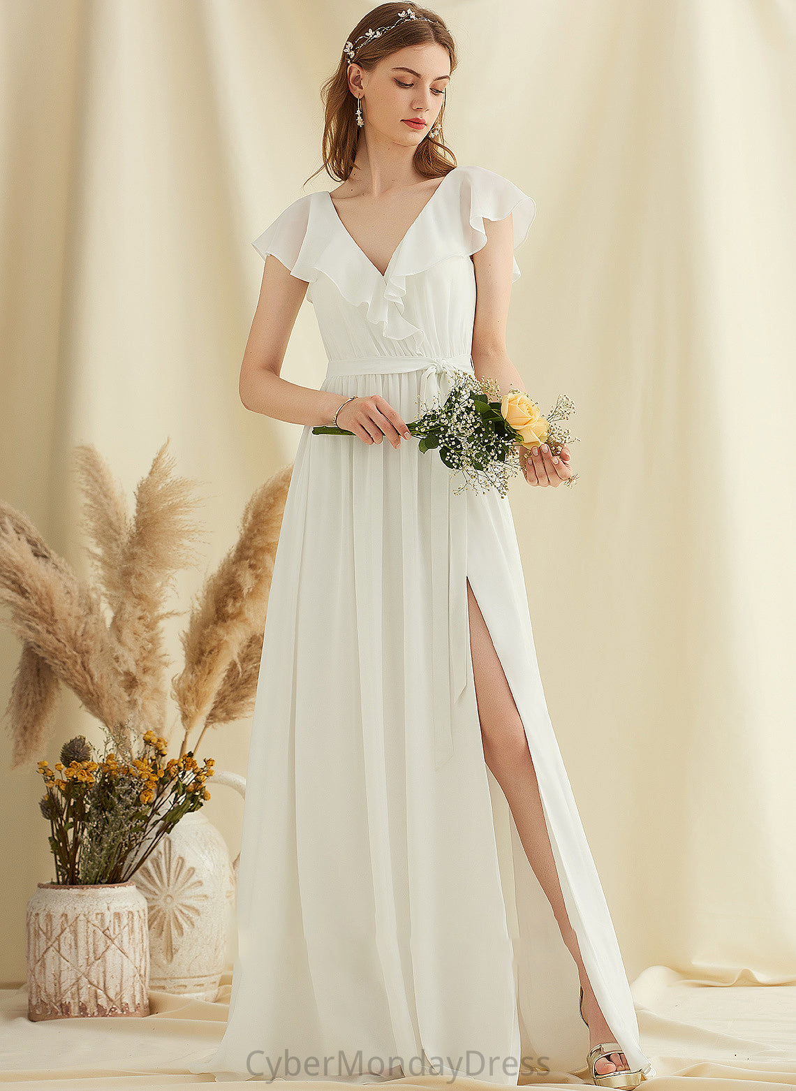 V-neck Wedding Dresses Chiffon Dress Ruffles Wedding Front With Split A-Line Cascading Floor-Length Rosalie