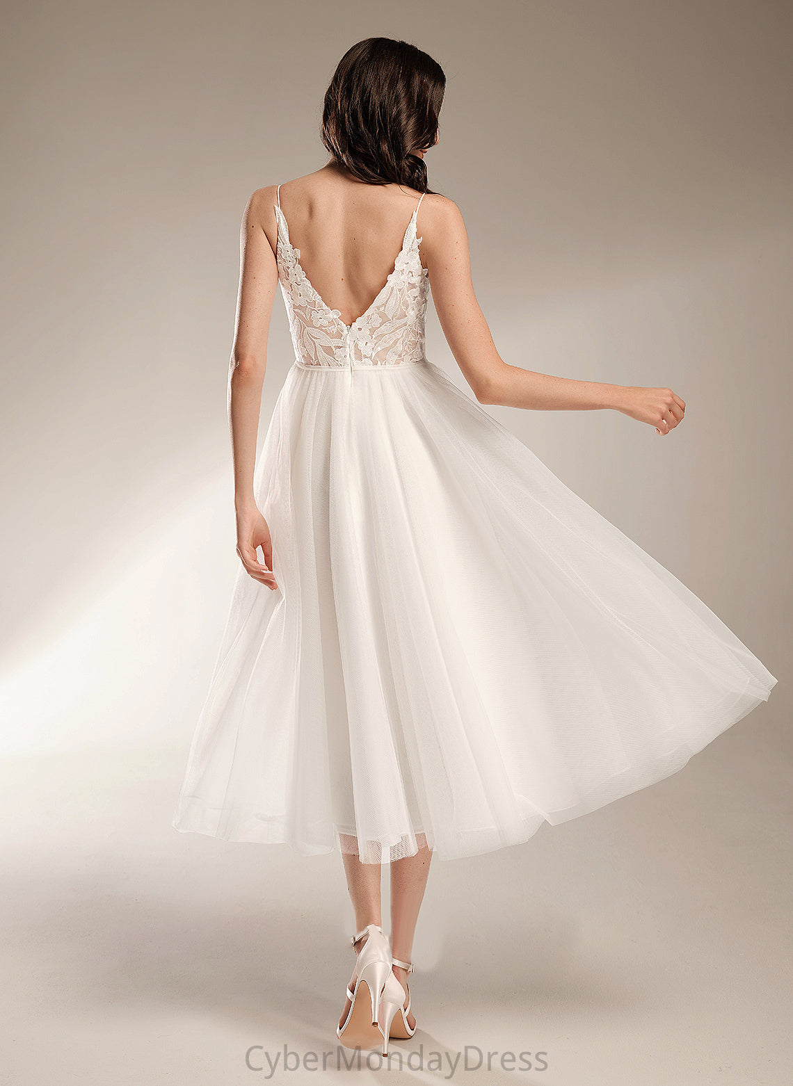 Tea-Length Tulle Lace A-Line Lena Dress Wedding V-neck Wedding Dresses