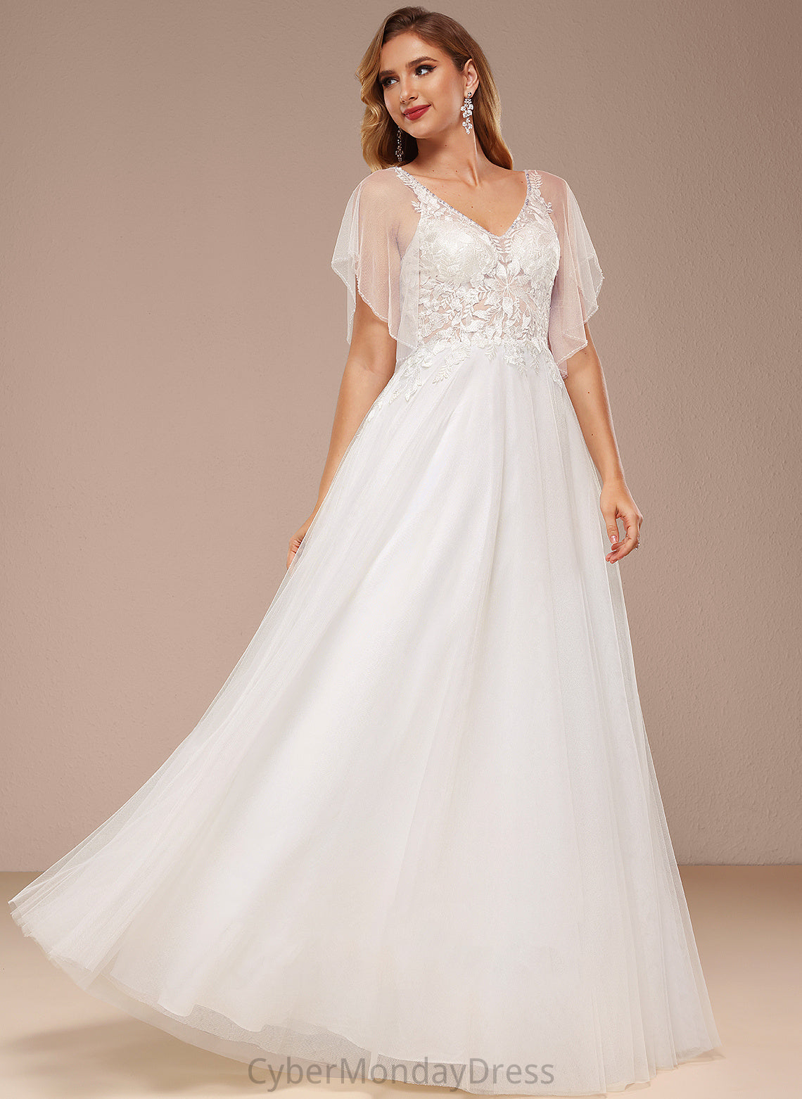 Wedding Dresses Floor-Length Laney Tulle Dress With V-neck Lace Sequins A-Line Wedding Ruffle