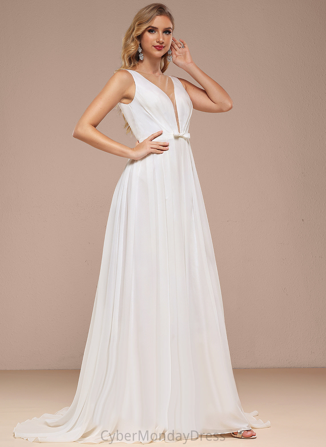 A-Line Sweep With Dress Train V-neck Chiffon Hope Wedding Dresses Wedding Bow(s)