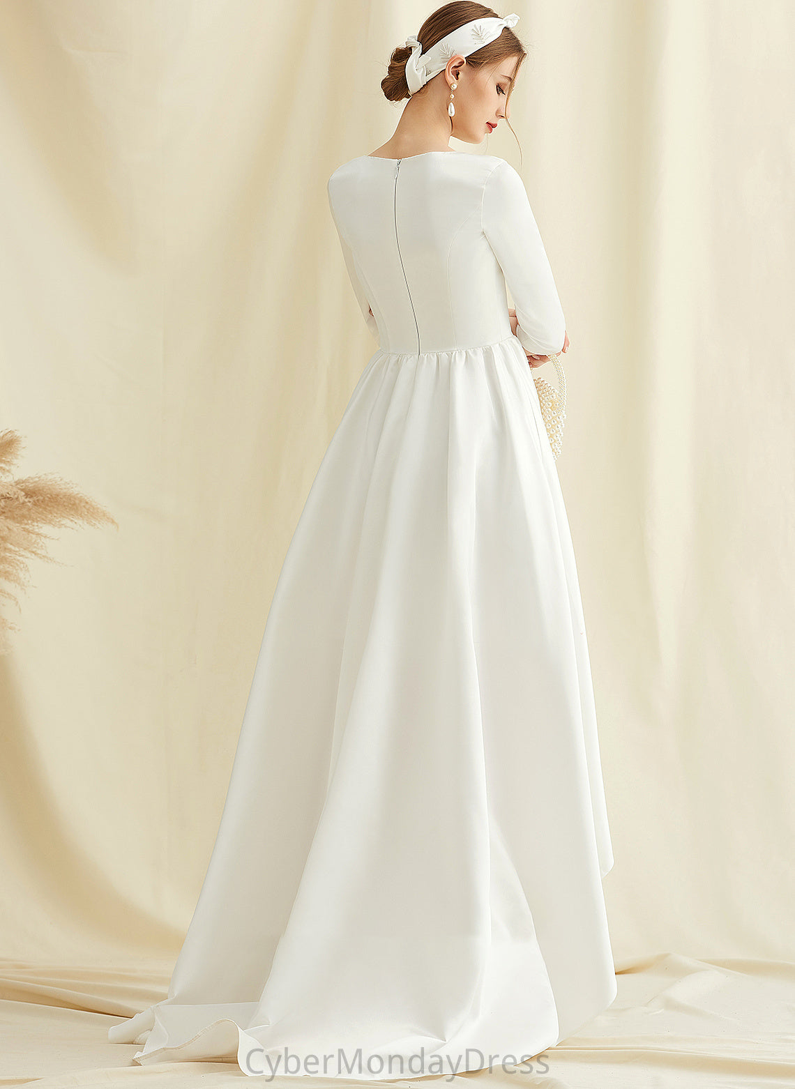 Asymmetrical Dress Pockets Scoop Kailee Neck Wedding With A-Line Satin Wedding Dresses