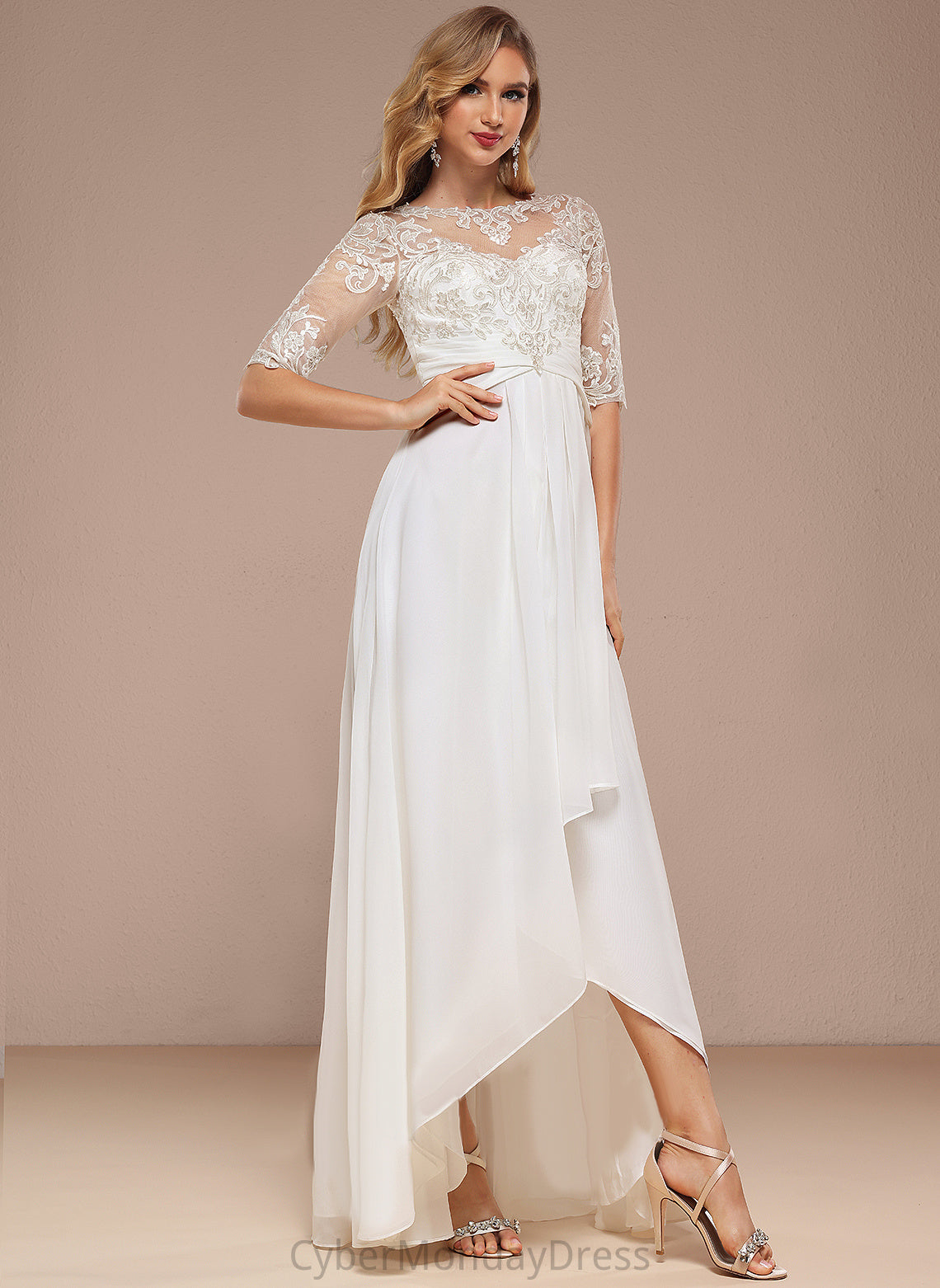 Lace A-Line Chiffon Jordin Dress Boat Asymmetrical Wedding Neck Wedding Dresses