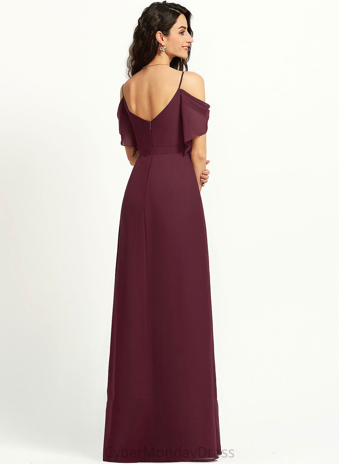 Neckline SplitFront Silhouette V-neck Ruffle A-Line Embellishment Fabric Floor-Length Length Anabelle Bridesmaid Dresses