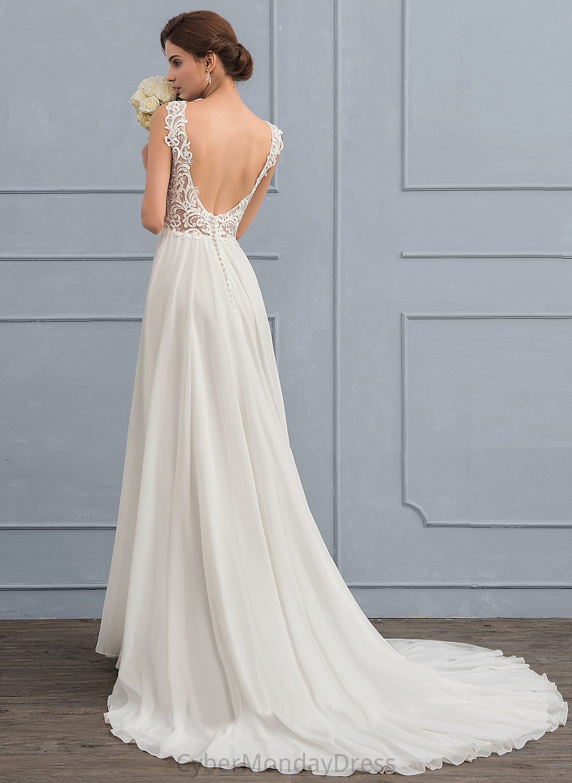 Dress Court Jayda V-neck Train Wedding Dresses Lace Wedding Chiffon A-Line