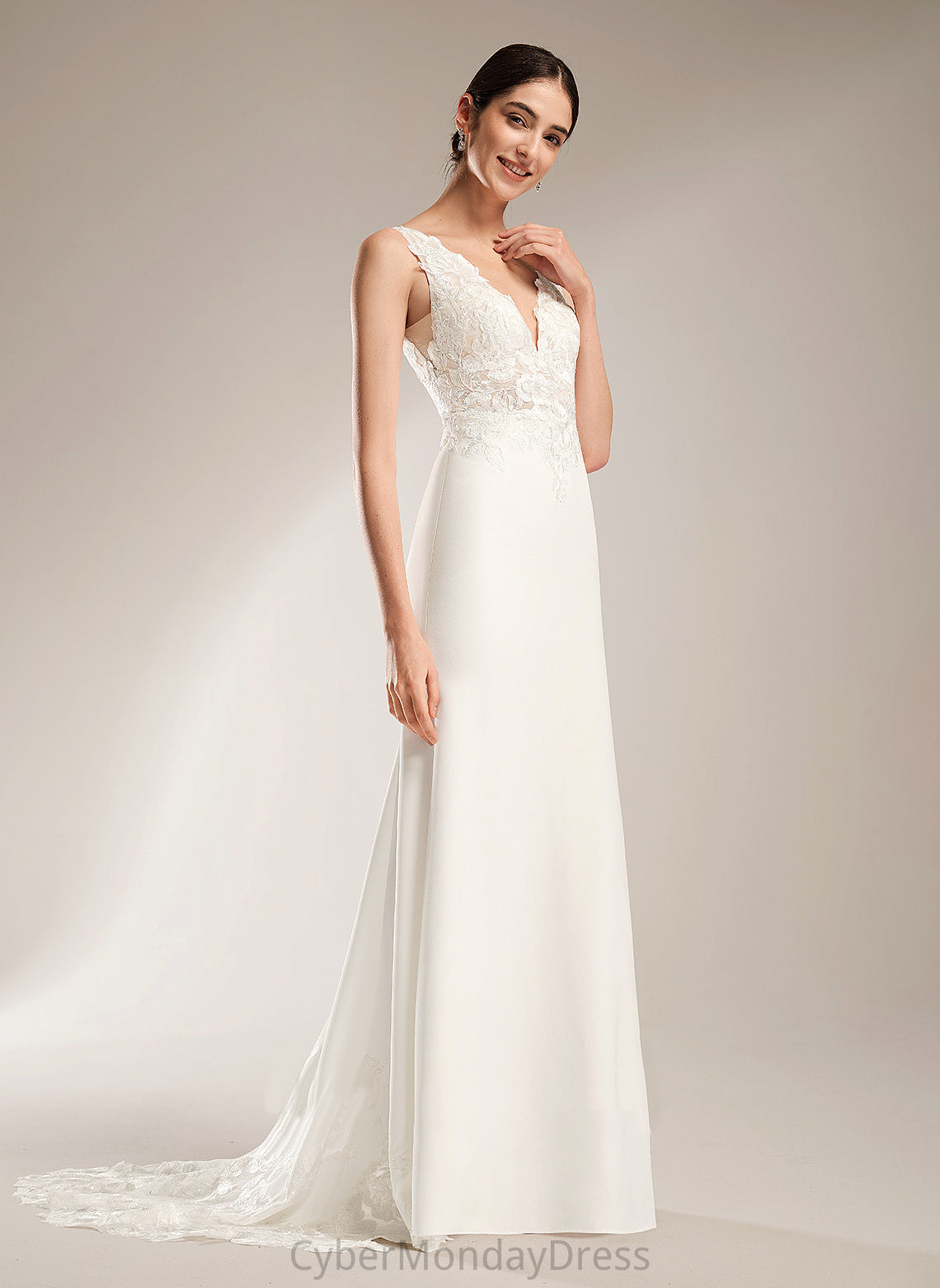 With Ada Court Stretch Sequins Train V-neck Wedding Dresses Sheath/Column Wedding Crepe Dress