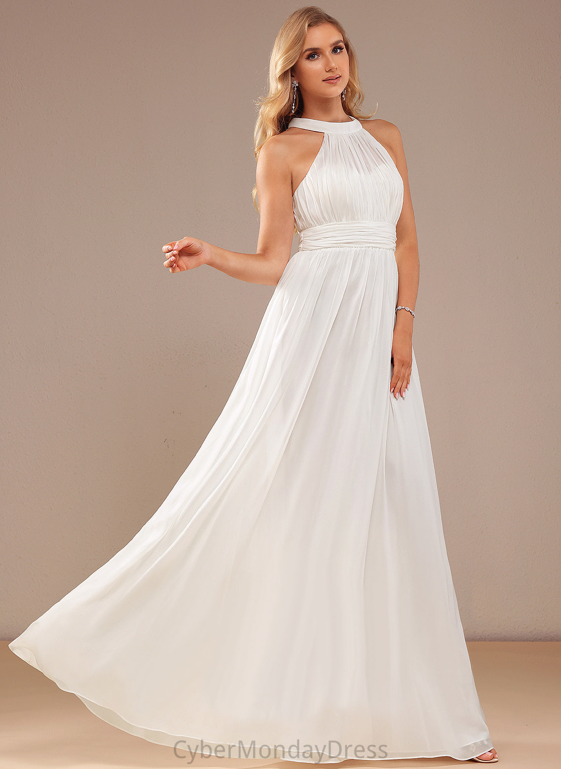 A-Line Wedding Chiffon Neck Dress Ruffle Floor-Length With Wedding Dresses High Lilia