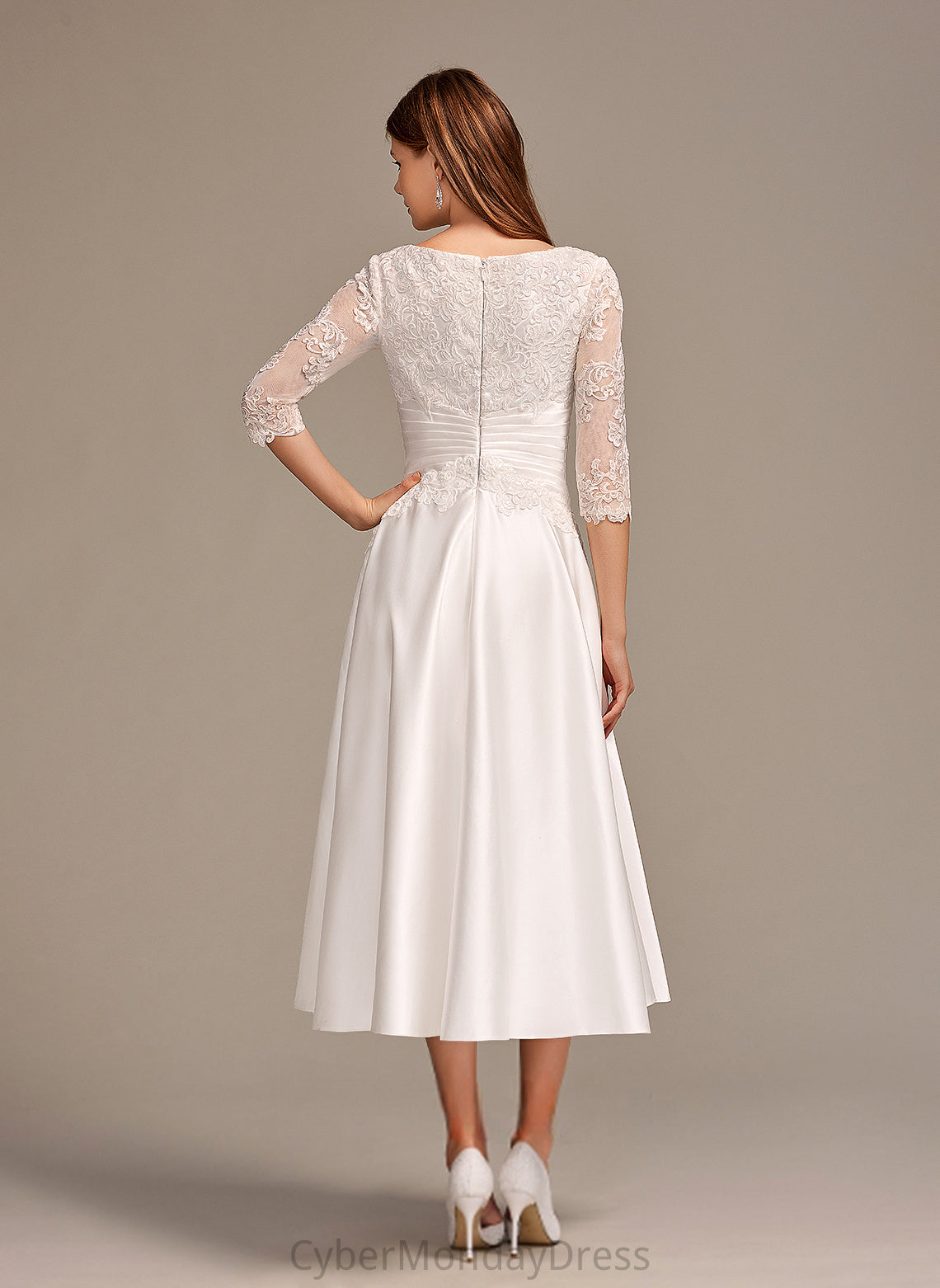 Leah Satin Wedding Scoop Tea-Length A-Line Wedding Dresses Lace Dress