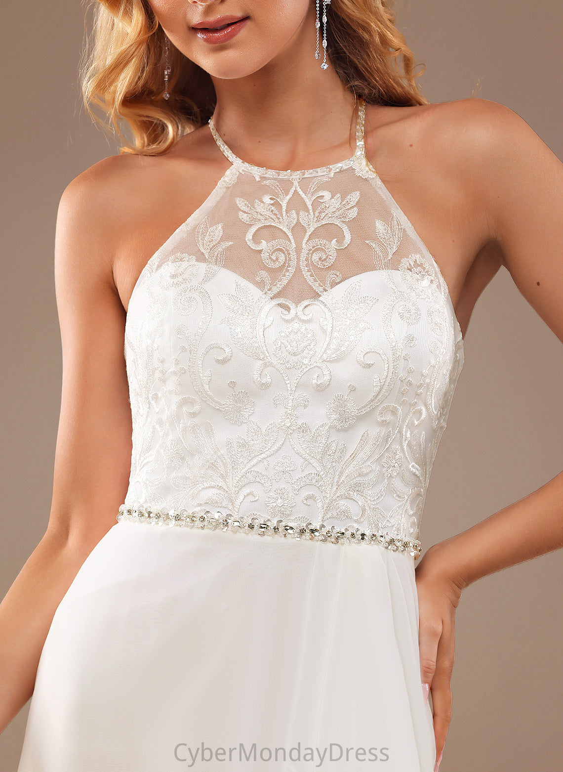 Train With Dress Wedding Chiffon Sweep Lace Beading High Wedding Dresses Neck Sequins A-Line Lace Urania