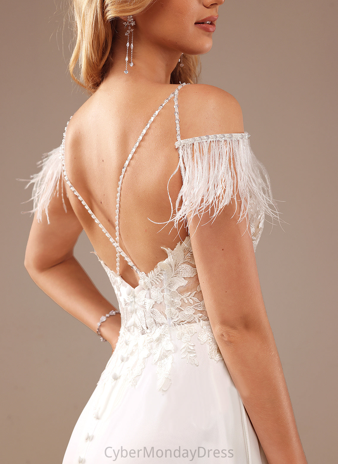 V-neck Court Train Feather Wedding Wedding Dresses Lace Journey A-Line Dress Beading With Pockets Sequins Chiffon Lace