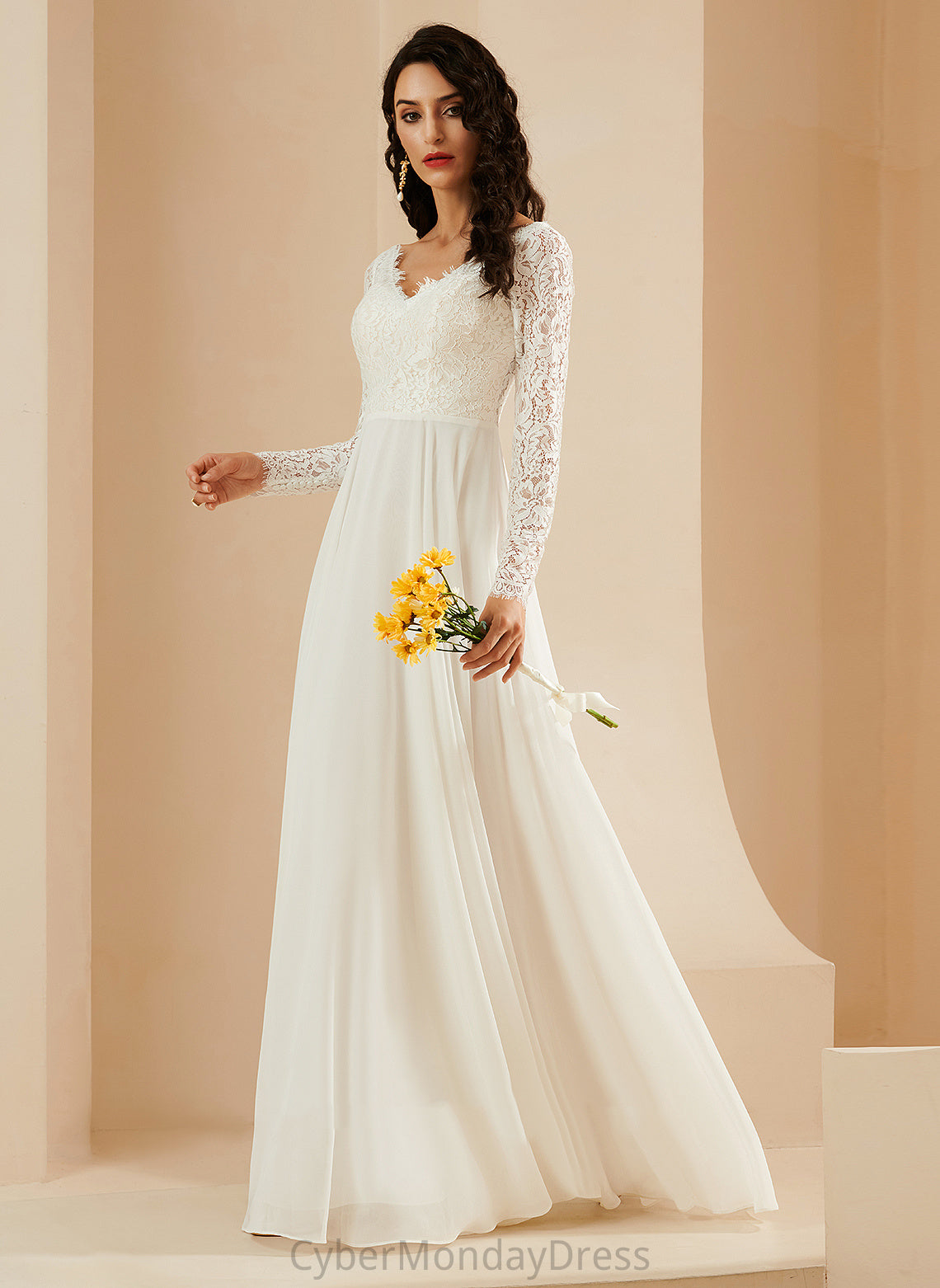 Sweep Wedding Dresses Chiffon Wedding Elaine Train Lace With A-Line Dress V-neck