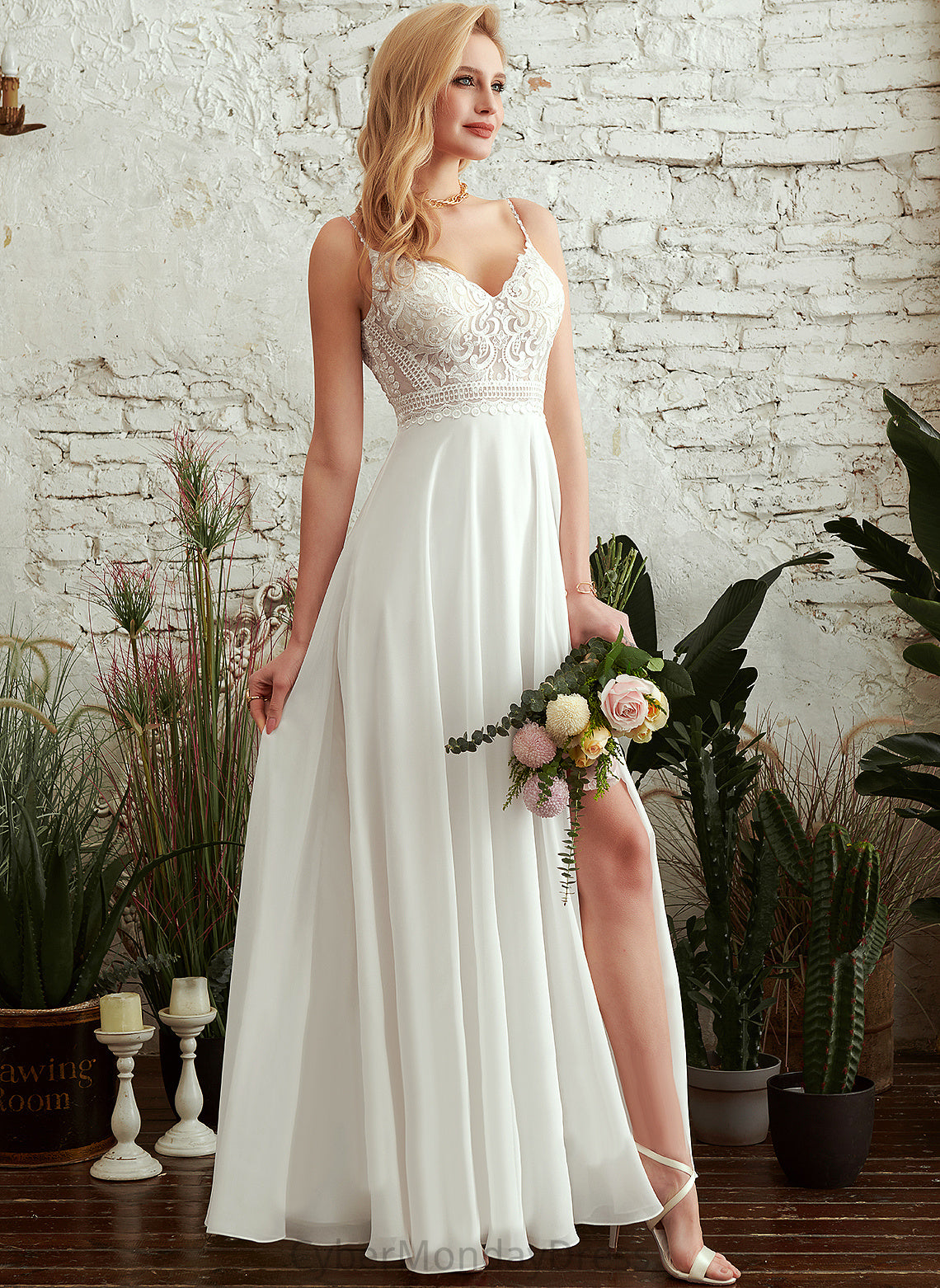 Split Floor-Length Chiffon Lace Wedding Dresses V-neck With Dress Mira Wedding Front A-Line