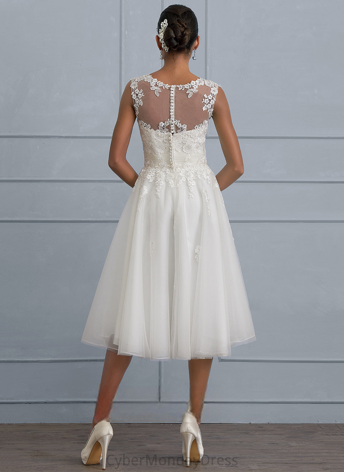 Illusion Ruffle With Wedding A-Line Dress Lace Asymmetrical Wedding Dresses Chana Tulle