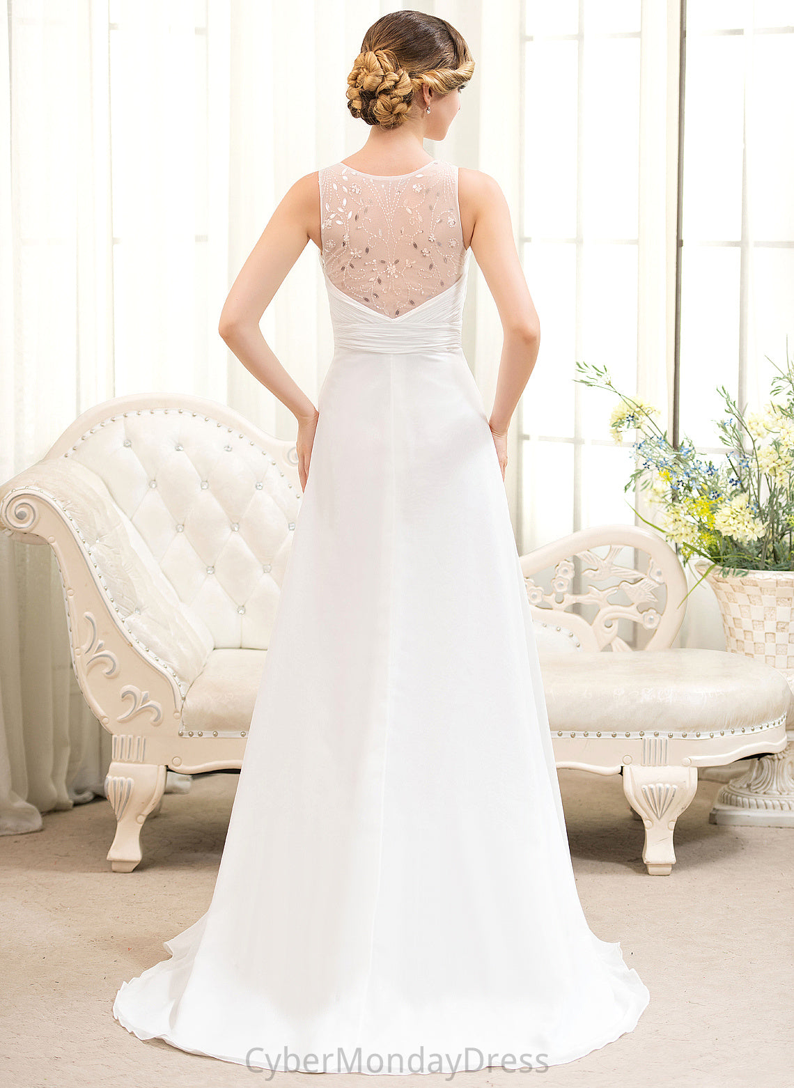 V-neck With A-Line Beading Train Ruffles Savanna Sequins Cascading Sweep Tulle Dress Wedding Dresses Chiffon Wedding