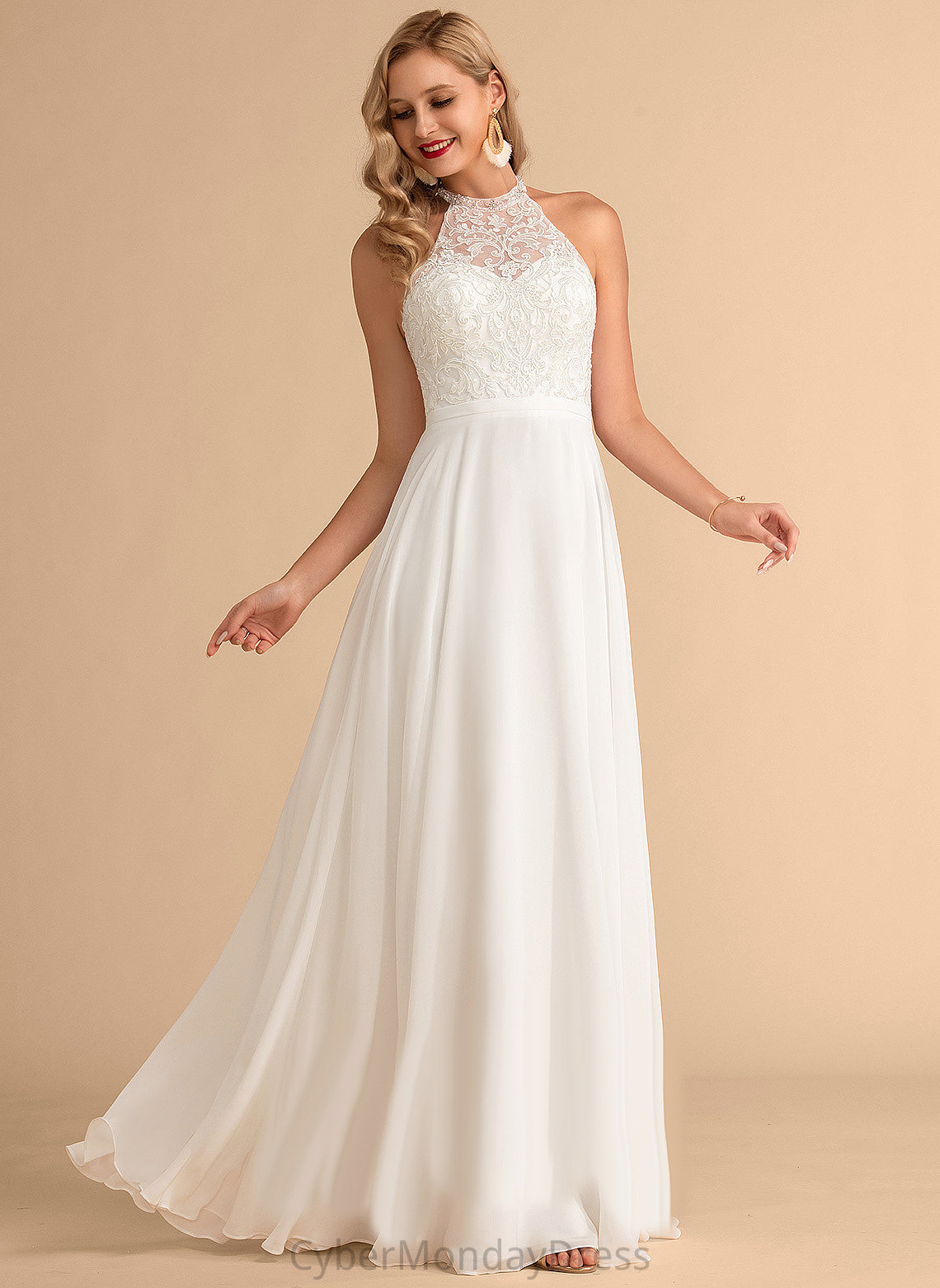 Dress Wedding Wedding Dresses A-Line Melina Neck Lace High Chiffon Floor-Length