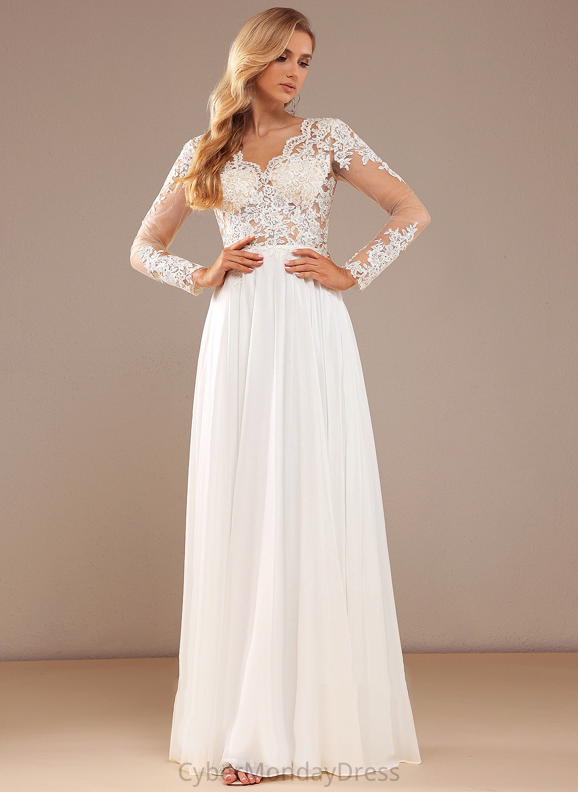 A-Line Wedding Lace Natasha V-neck Floor-Length With Chiffon Dress Sequins Wedding Dresses