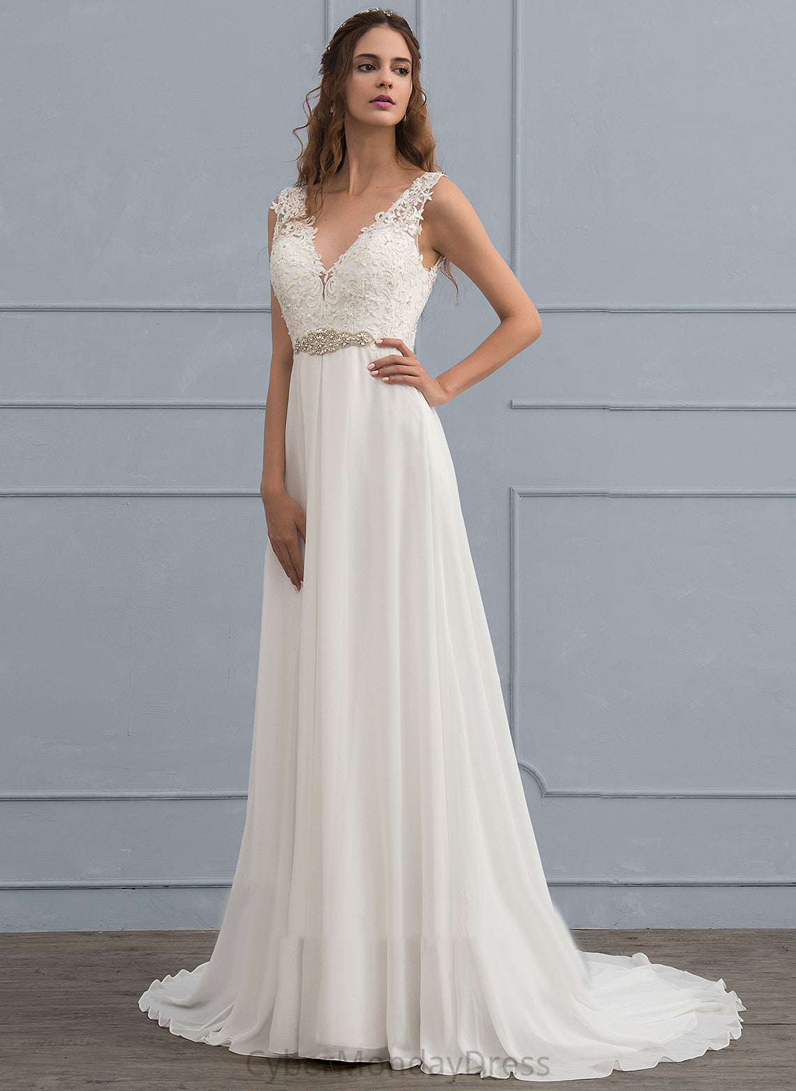 Lace Dress Sequins Karli V-neck Wedding Dresses Wedding With Chiffon Beading Train A-Line Court