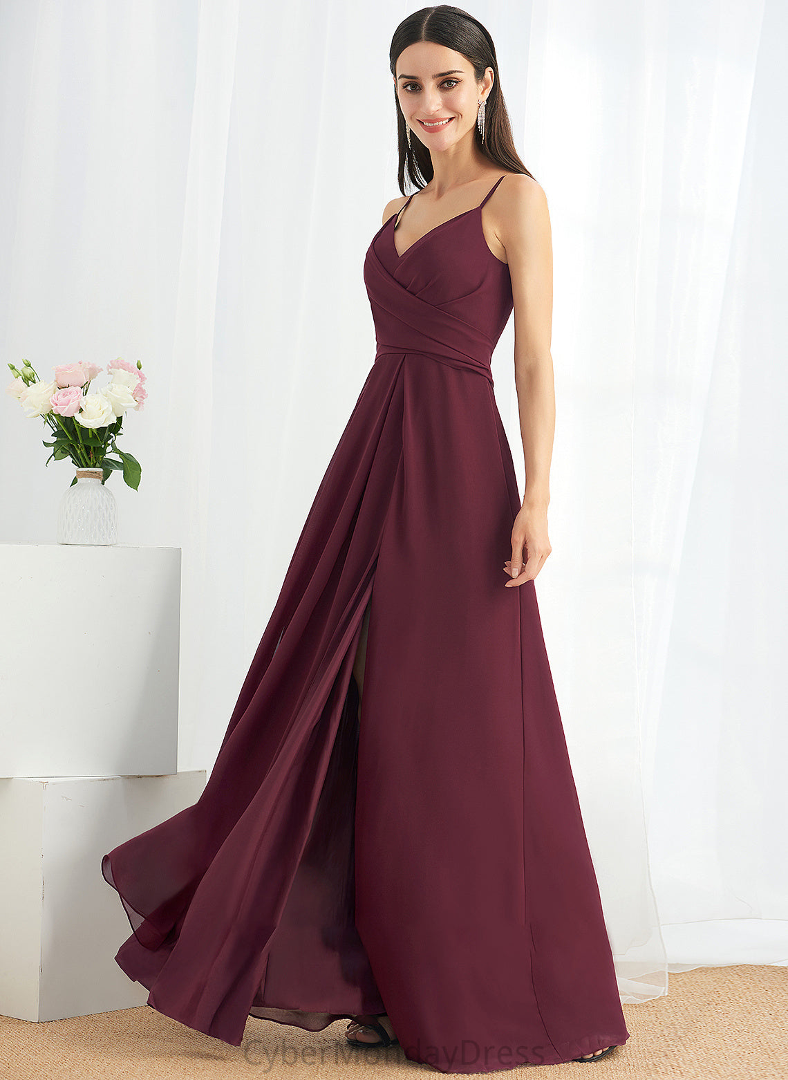 Length Neckline A-Line V-neck Floor-Length Embellishment SplitFront Silhouette Ruffle Fabric Addyson One Shoulder Bridesmaid Dresses