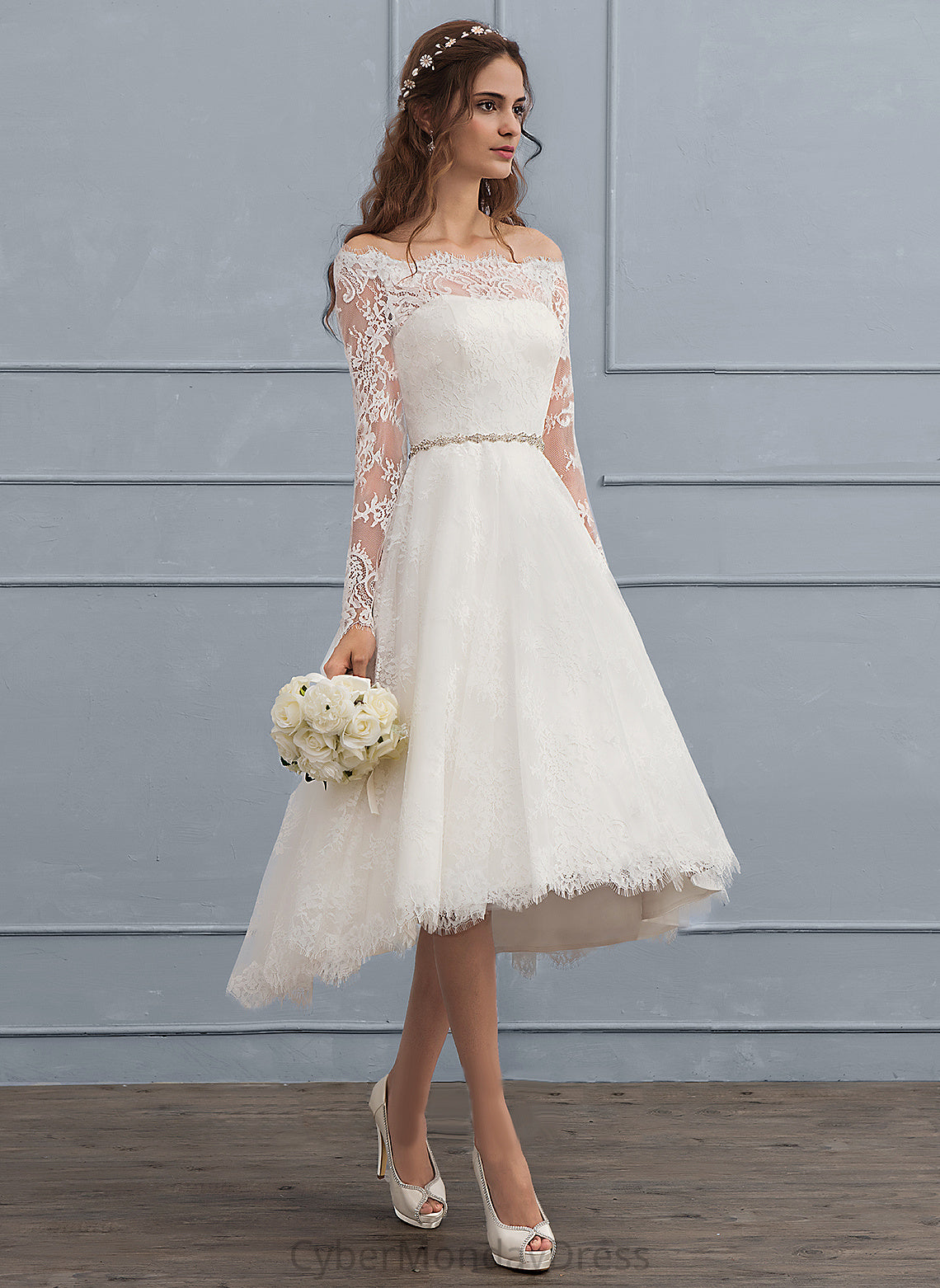 Wedding Corinne With Off-the-Shoulder Asymmetrical Beading Dress Wedding Dresses A-Line Lace