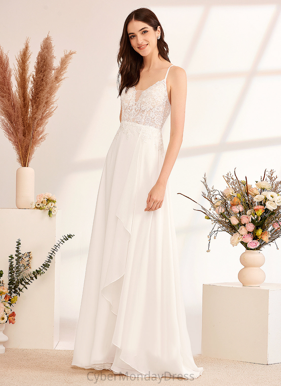 Wedding Dresses With V-neck Dress Lace Sequins Chiffon Wedding A-Line Mina Floor-Length