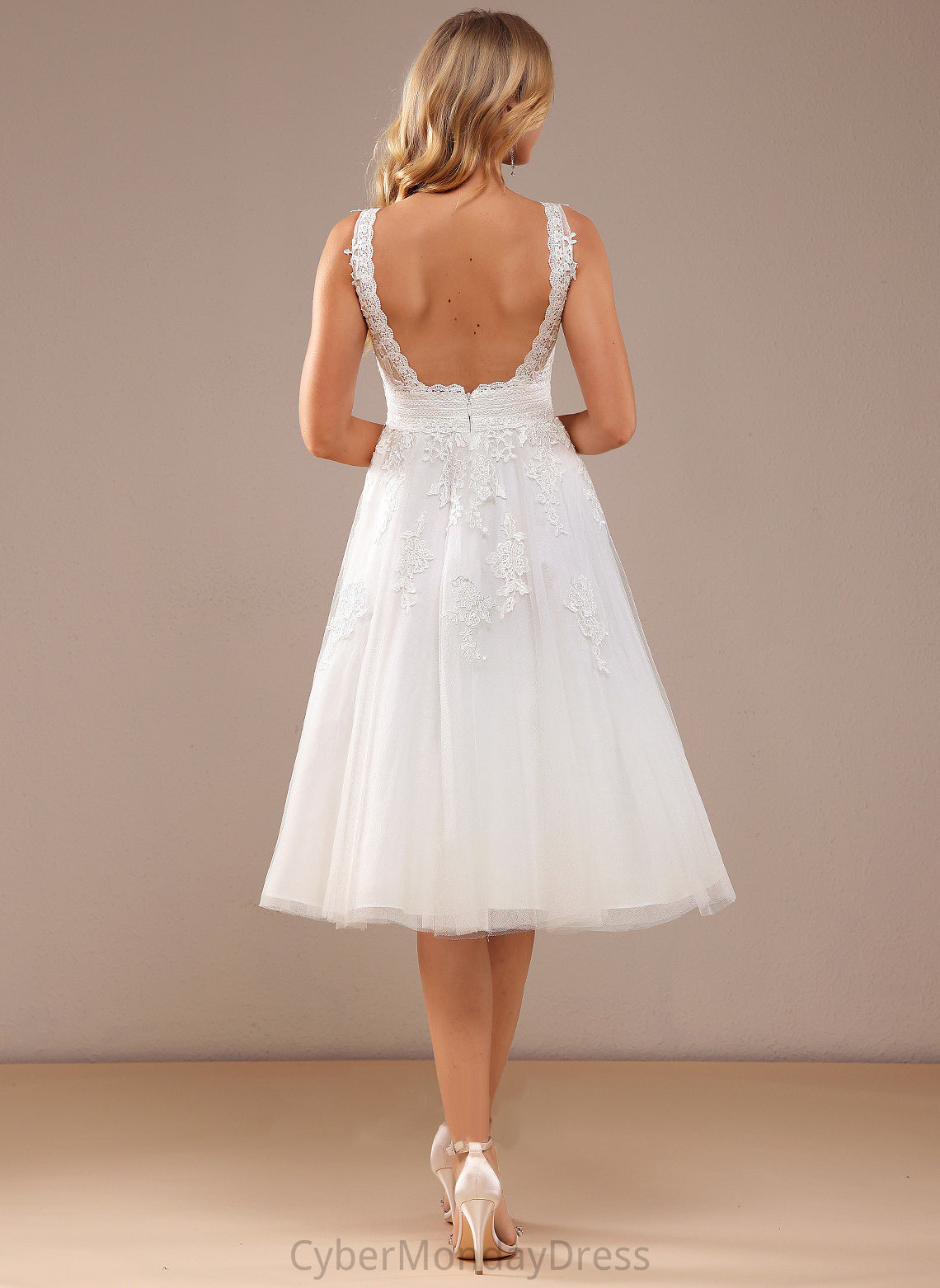 Wedding A-Line V-neck Dress Lace With Lace Knee-Length Wedding Dresses Tulle Carla