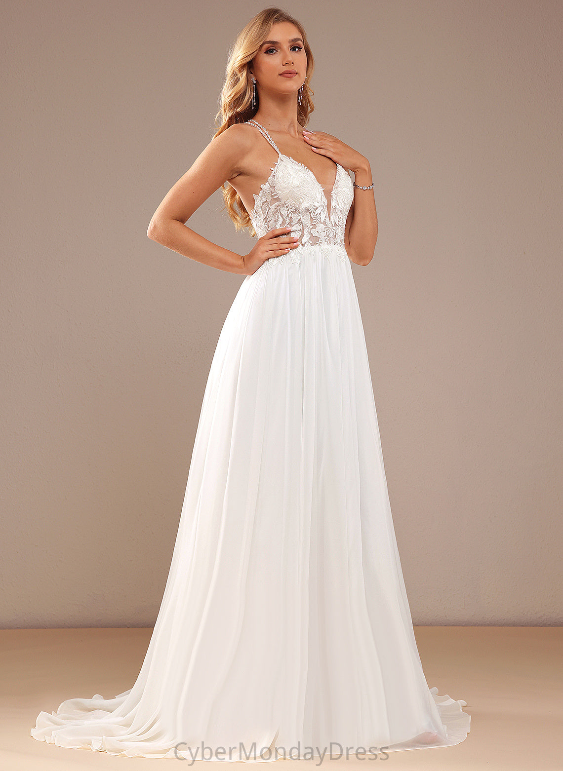 Chiffon Beading A-Line Sequins Lace Train V-neck Sweep Wedding Dresses With Aryana Dress Wedding