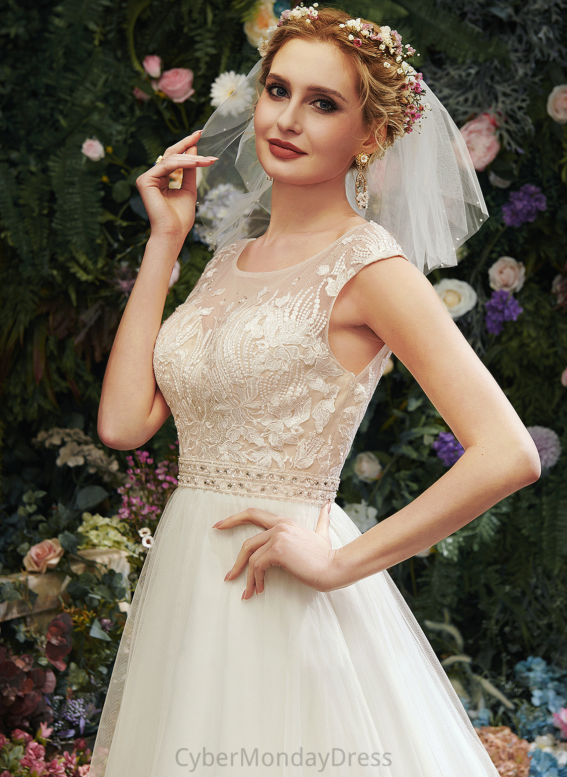 A-Line Beading Dress Lace Wedding Dresses With Illusion Skye Train Court Wedding Sequins