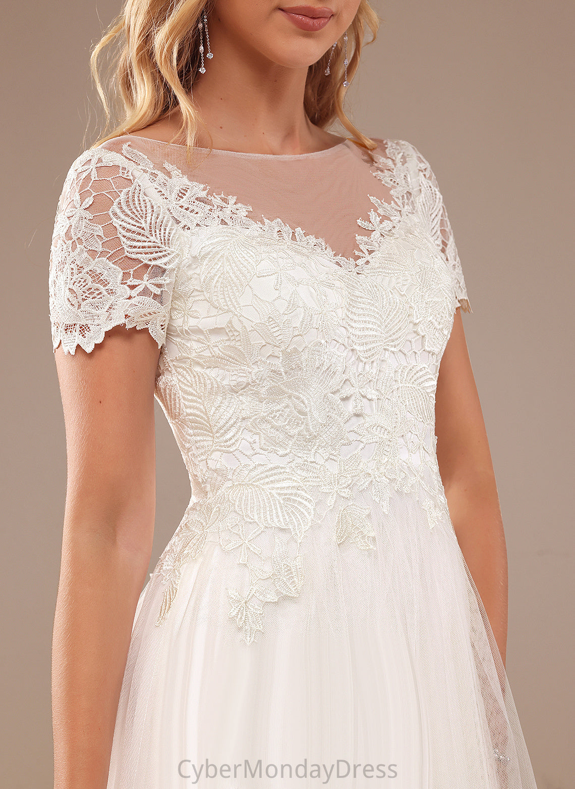 Bridget Wedding Floor-Length Lace Tulle Scoop Neck With Lace Wedding Dresses Dress A-Line