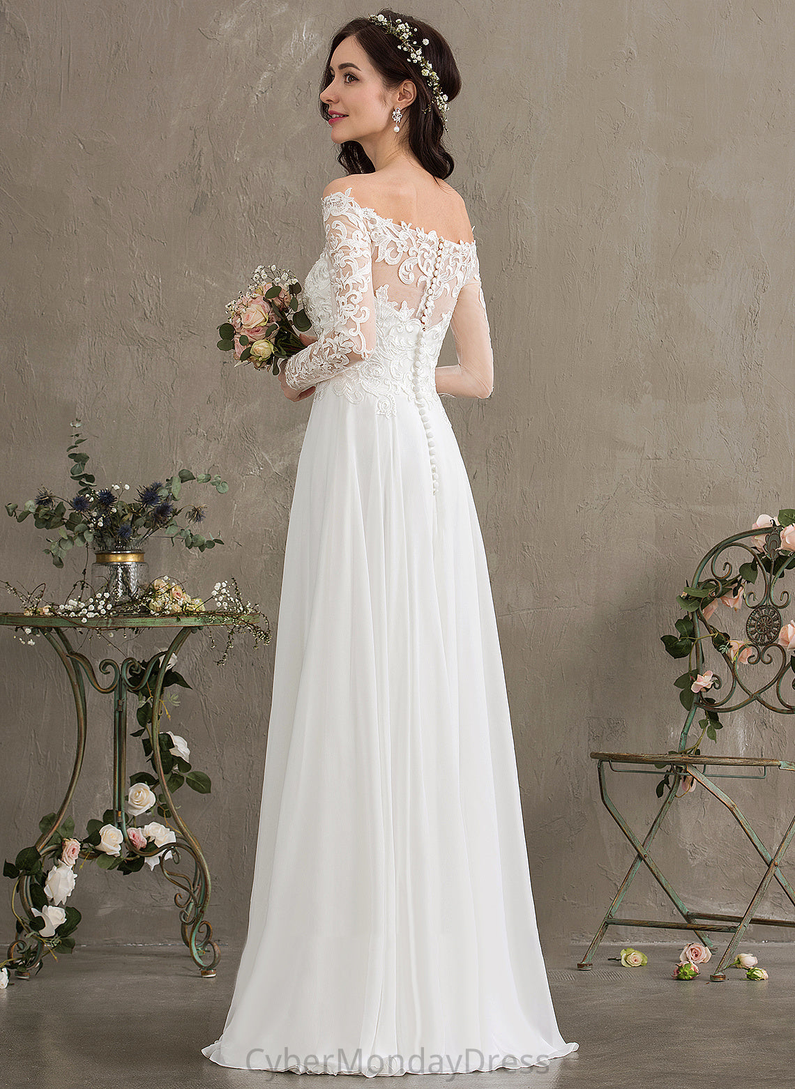 Lace Floor-Length Off-the-Shoulder Lace Wedding Dresses Dayanara Chiffon With Wedding A-Line Dress