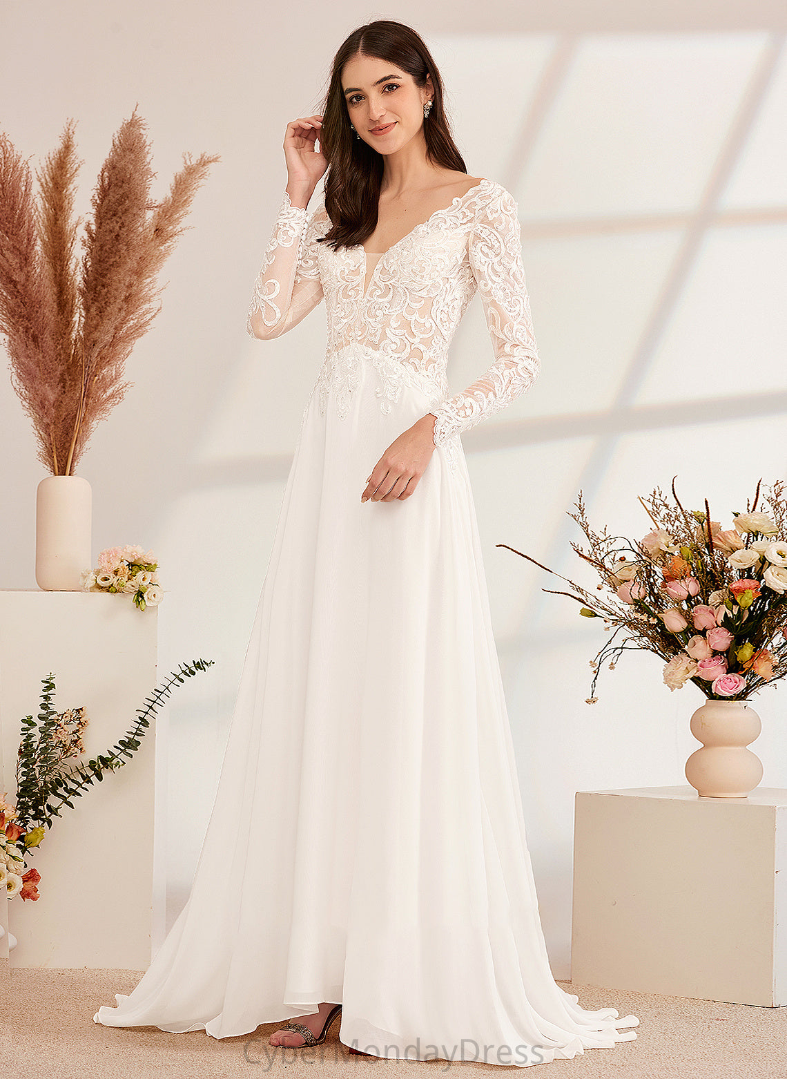 With Train Beading Aspen V-neck Sweep Dress A-Line Wedding Dresses Wedding