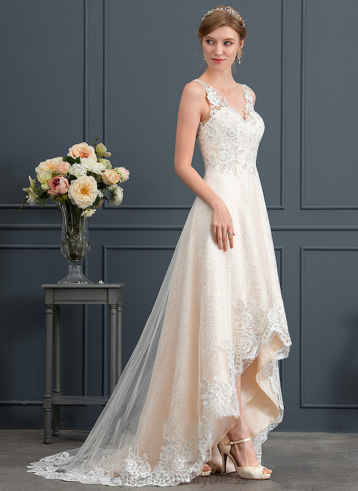 V-neck Asymmetrical Dress With Wedding A-Line Wedding Dresses Eve Lace Tulle