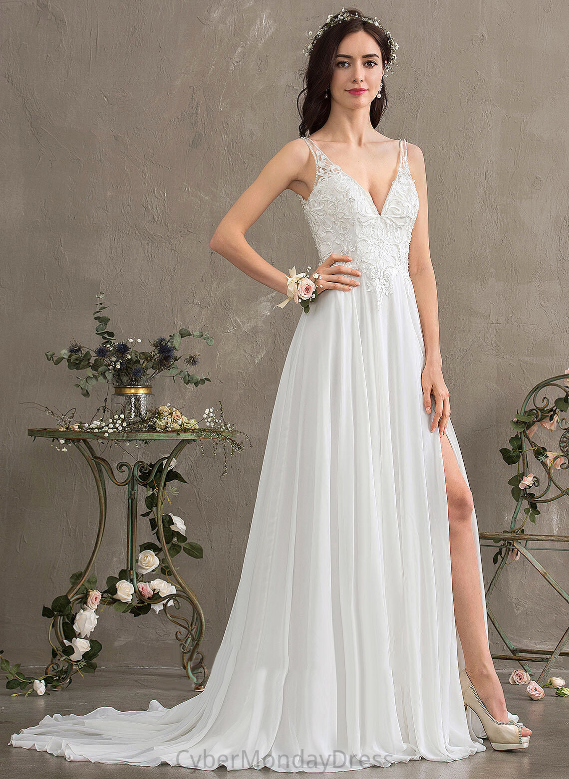 Train With Sequins Beading Lace Dress Front Wedding Wedding Dresses Dalia Chiffon Split Sweep A-Line V-neck