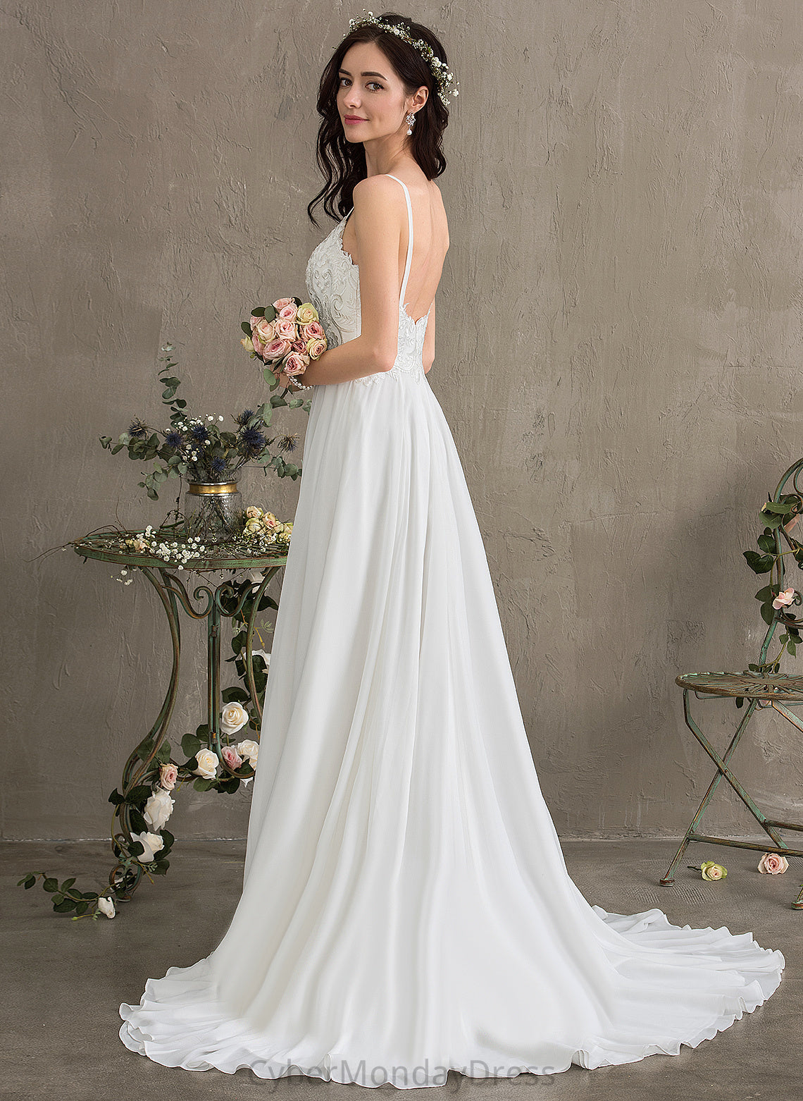 Kianna A-Line Wedding Dress Sweetheart Chiffon Wedding Dresses Train Sweep Lace