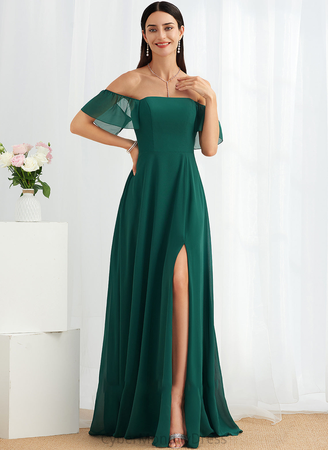 Embellishment A-Line Fabric Silhouette Floor-Length Neckline Off-the-Shoulder SplitFront Length Michelle Bridesmaid Dresses