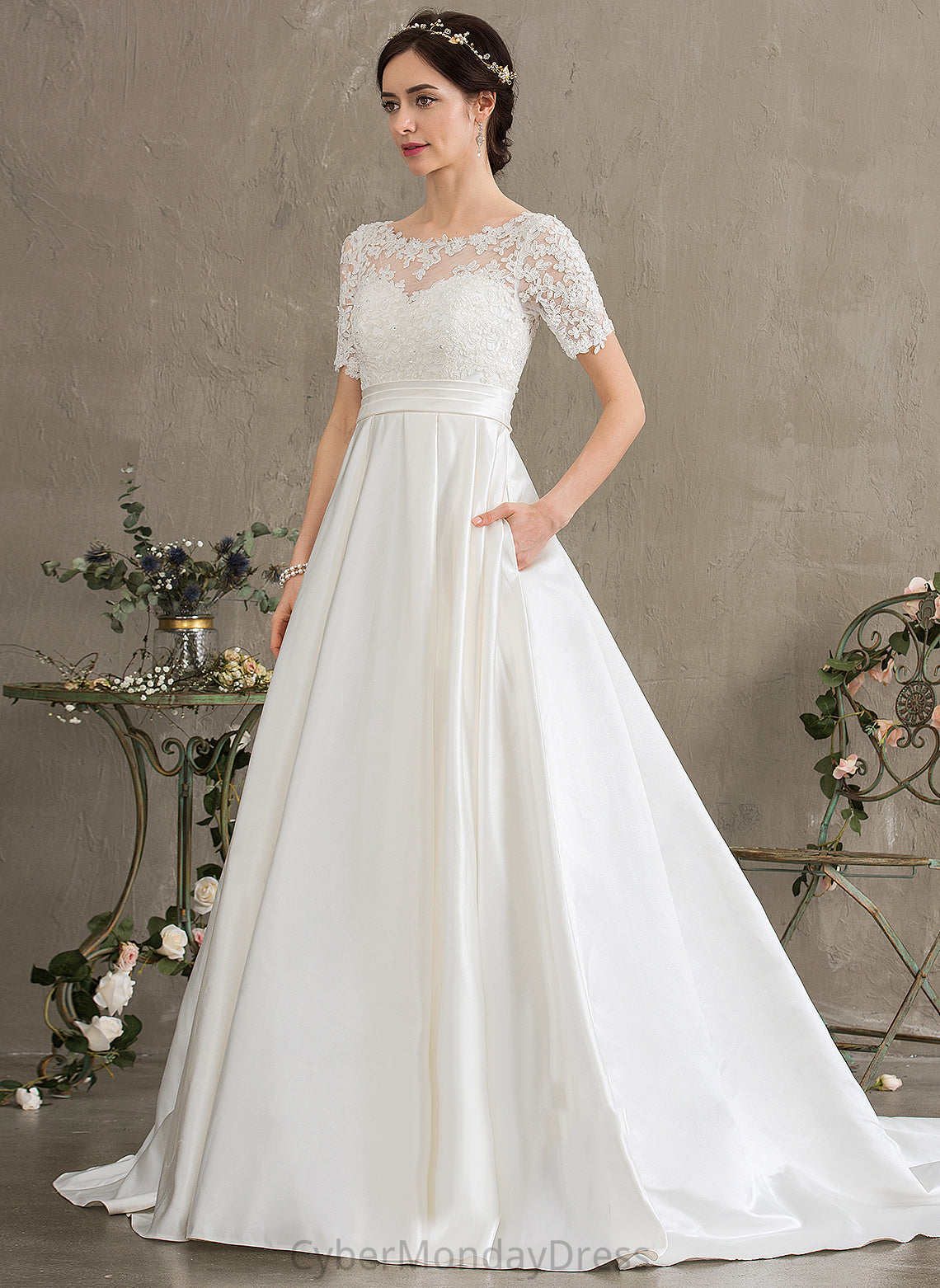 Beading Ball-Gown/Princess Satin Quintina Wedding Sequins Court Pockets With Lace Dress Train Wedding Dresses