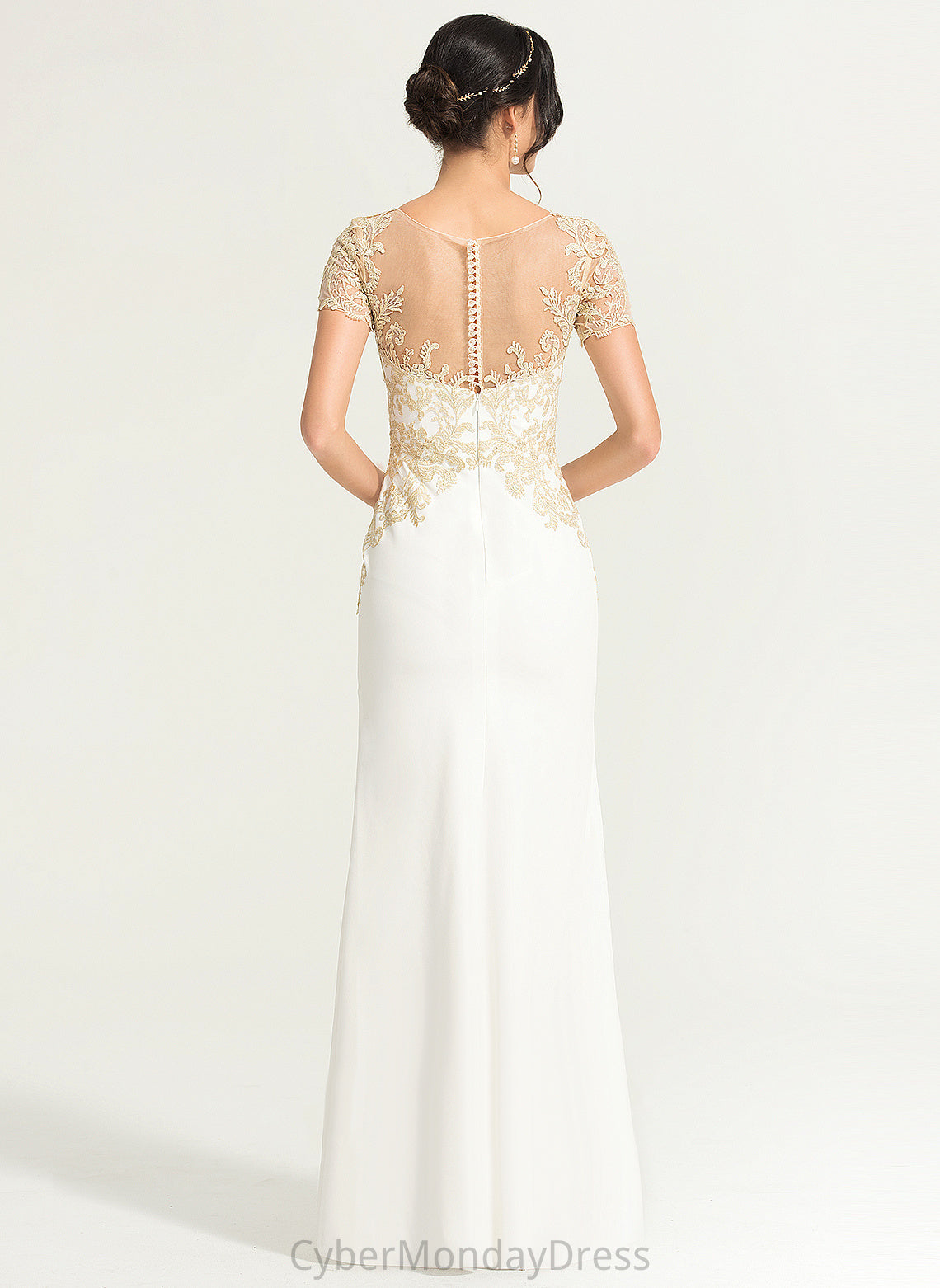 Stretch Front Wedding Scoop Lace Floor-Length With Crepe Tia Split Dress Neck Sheath/Column Wedding Dresses