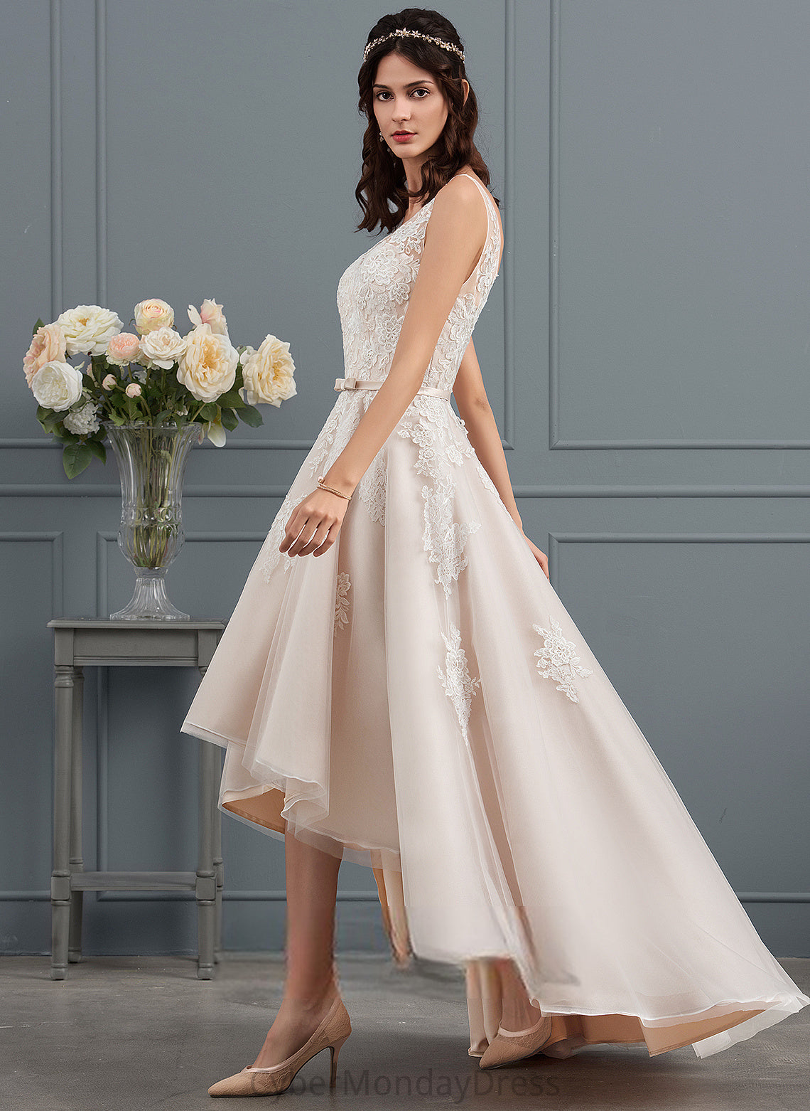 Asymmetrical Dress Tulle With Anahi Wedding Dresses V-neck A-Line Bow(s) Satin Wedding Lace