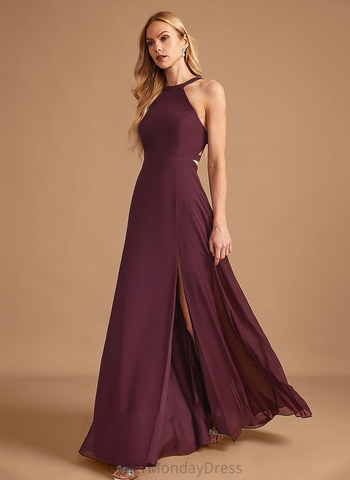 Neckline Silhouette Floor-Length SplitFront HighNeck Fabric A-Line Embellishment Length Rachael Floor Length Natural Waist Bridesmaid Dresses