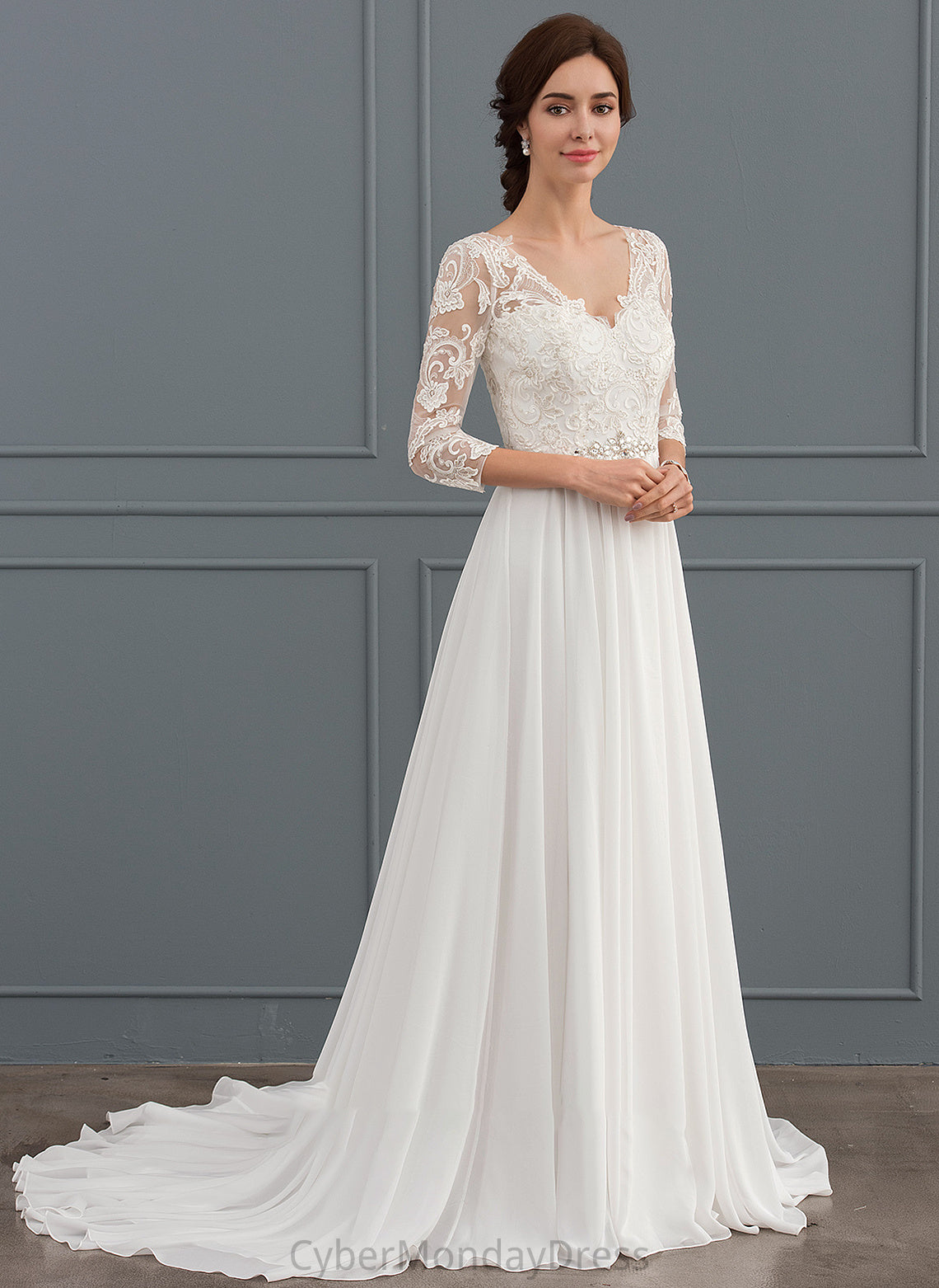 Lace Mikaela Sequins With Sweep Train Dress Chiffon Wedding Dresses Beading A-Line Wedding V-neck