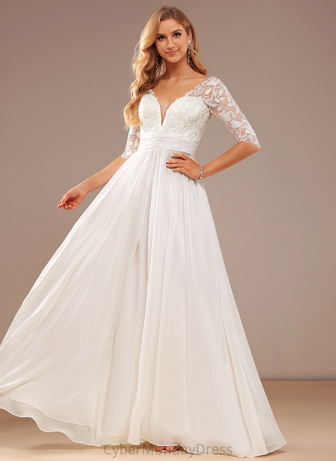 Lace V-neck Floor-Length Jordyn Sequins With Wedding A-Line Dress Lace Wedding Dresses Chiffon Ruffle