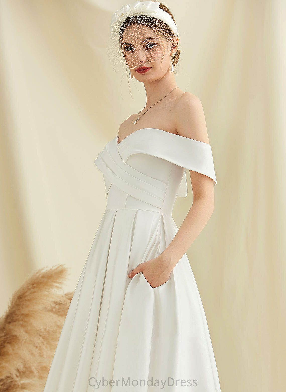 Tea-Length A-Line With Wedding Dresses Pockets Shyla Dress Satin Wedding