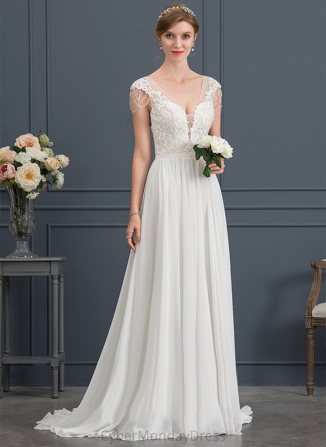 A-Line With Sequins V-neck Sweep Beading Dress Wedding Dresses Chiffon Lace Madilyn Train Wedding