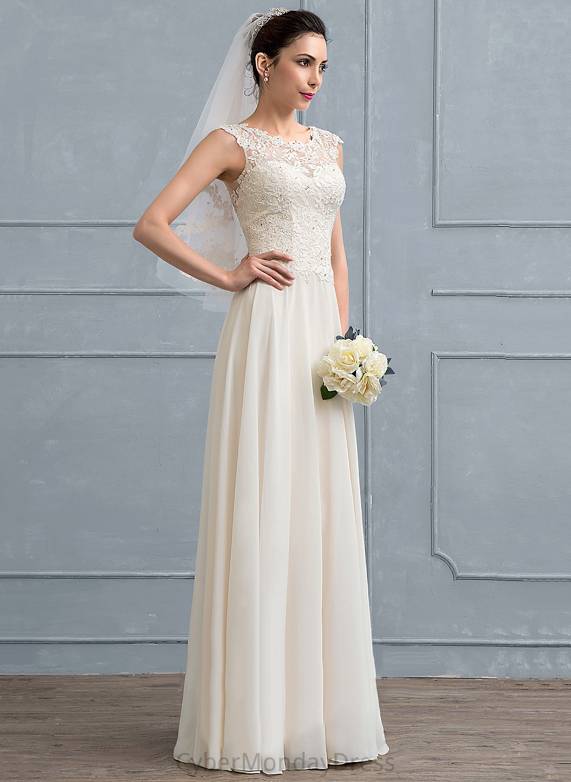 Scoop Samara Neck A-Line Floor-Length Lace With Chiffon Dress Wedding Dresses Sequins Beading Wedding