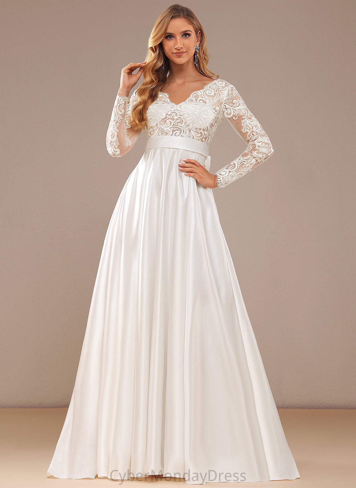 Dress Train Wedding Dresses V-neck Bow(s) Ball-Gown/Princess Lace Jaelynn Lace Satin With Sweep Wedding